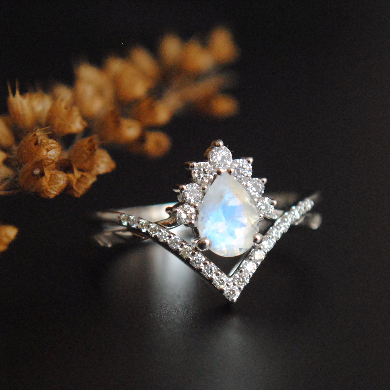 INTERLOCKING Pear Moonstone & Diamond Wedding Ring Set