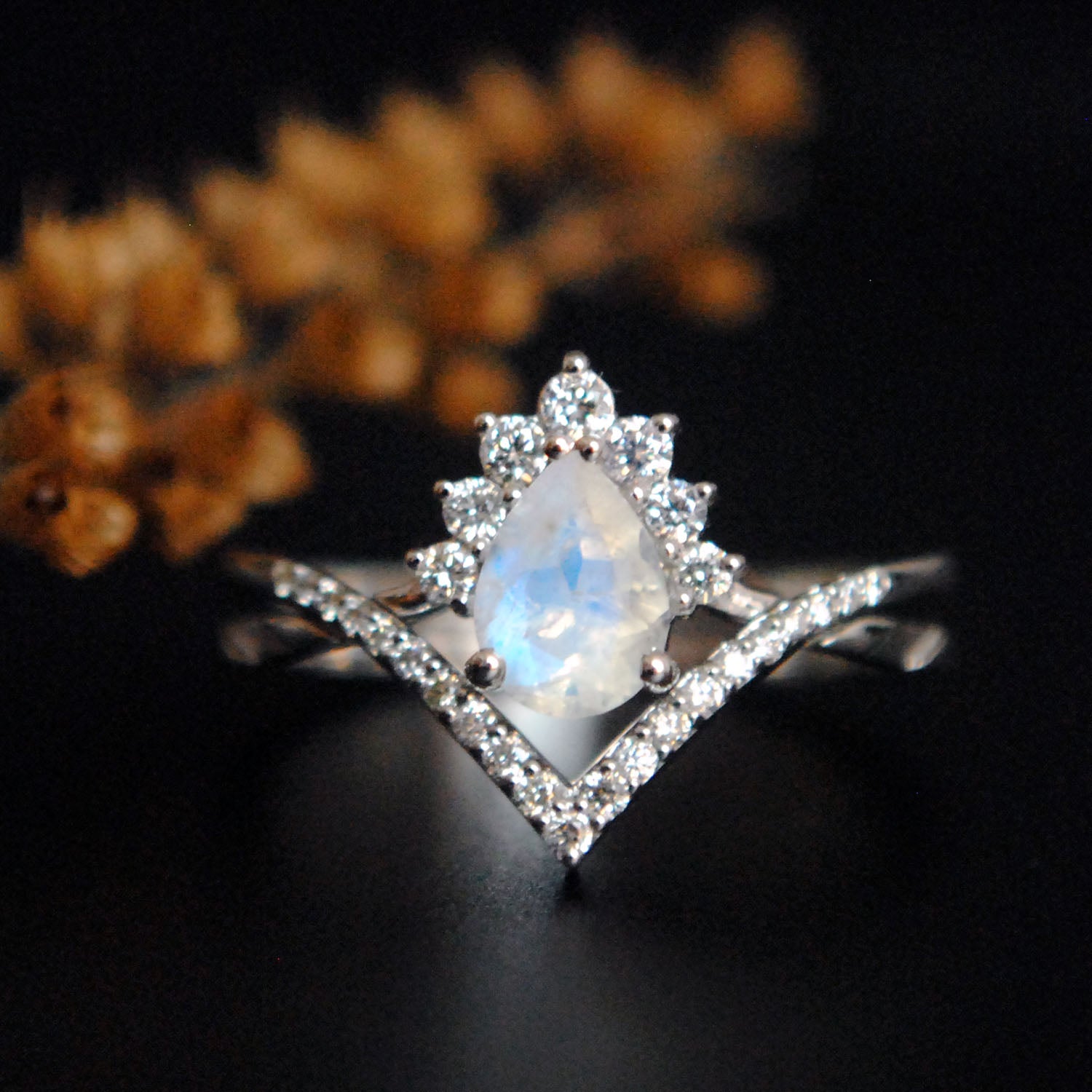 INTERLOCKING Pear Moonstone & Diamond Wedding Ring Set