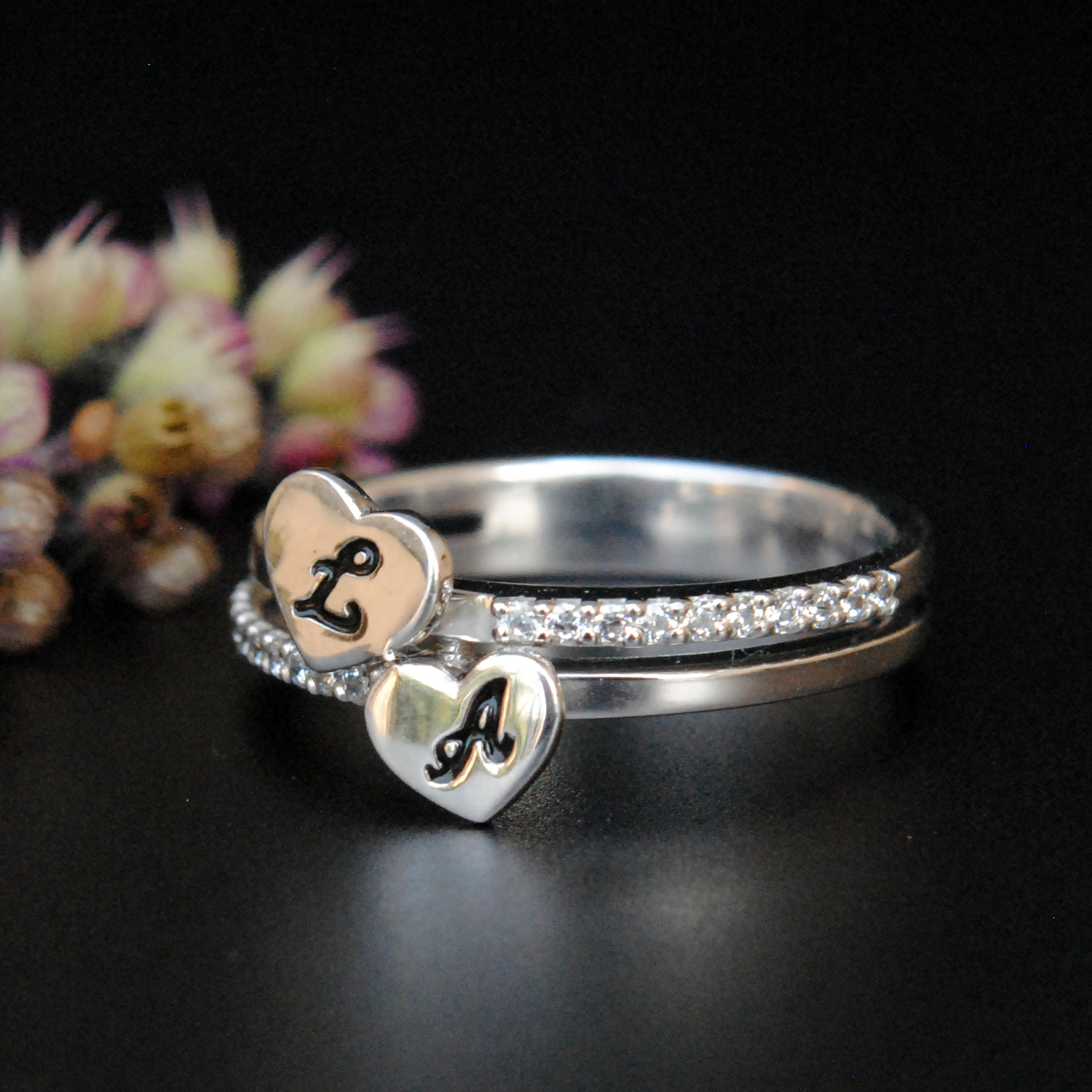 Sterling Silver Custom Two Initial Heart Ring