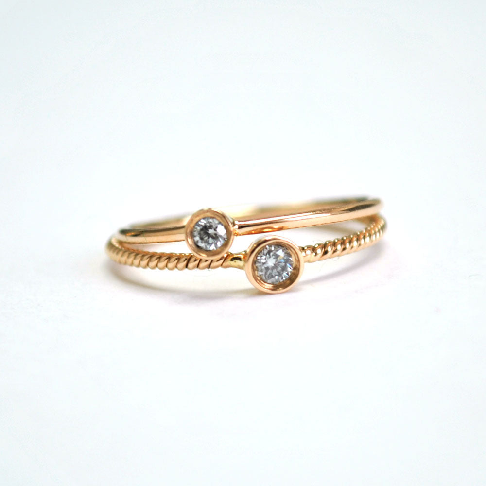 Bezel Set Small Round Diamond Ring with  Minimal twisted Wire Rope Band