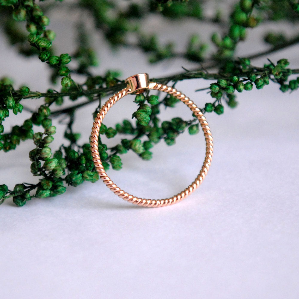 Bezel Set Small Round Diamond Ring with  Minimal twisted Wire Rope Band