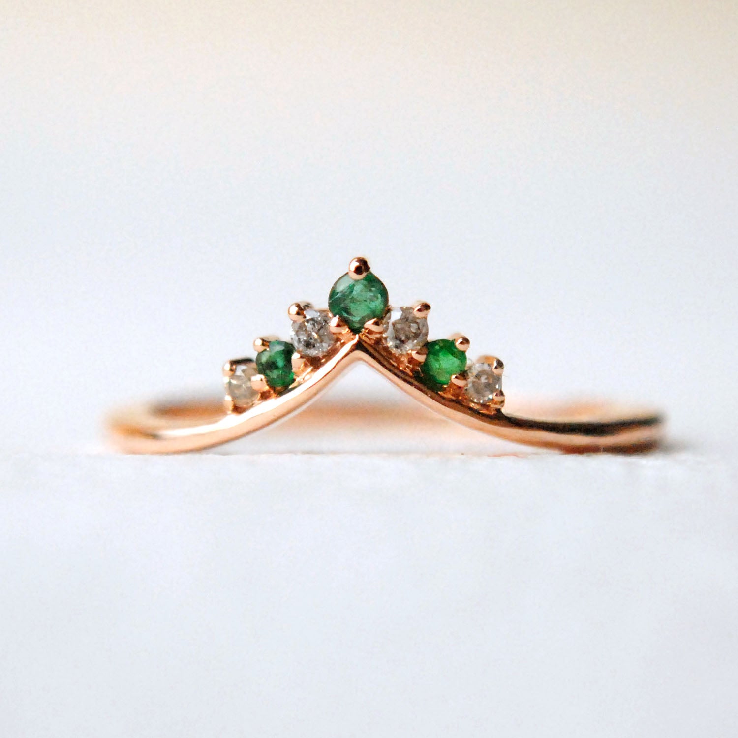 Salt and Pepper Diamond with Natural Emerald Chevron V Ring