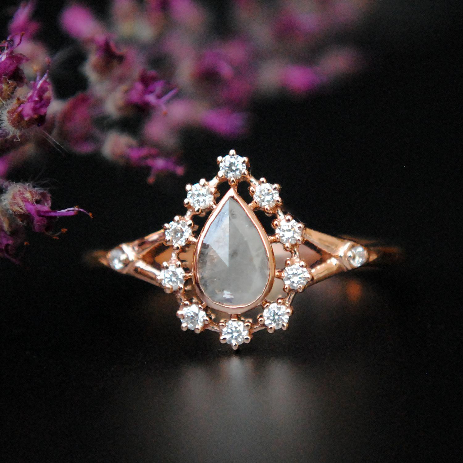 Grey Diamond Halo Rose Gold Ring-Abhika Jewels