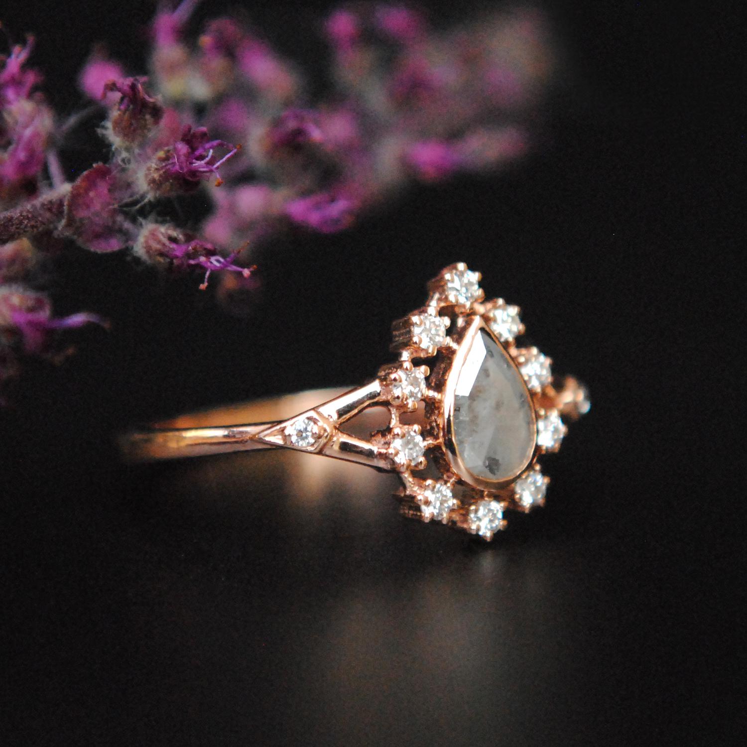 Grey Rose Cut Diamond Halo Ring, READY TO SHIP