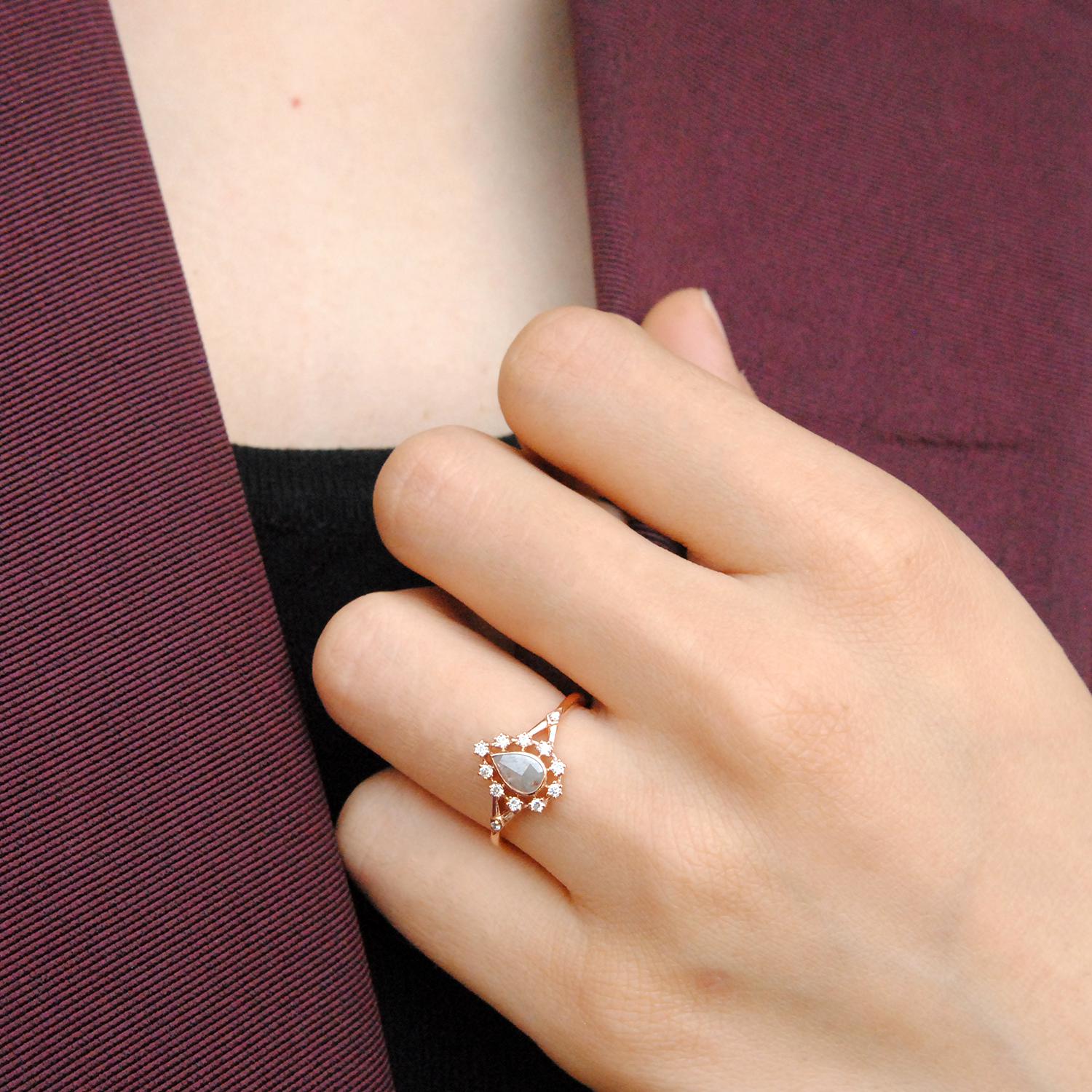 Grey Rose Cut Diamond Halo Ring, READY TO SHIP