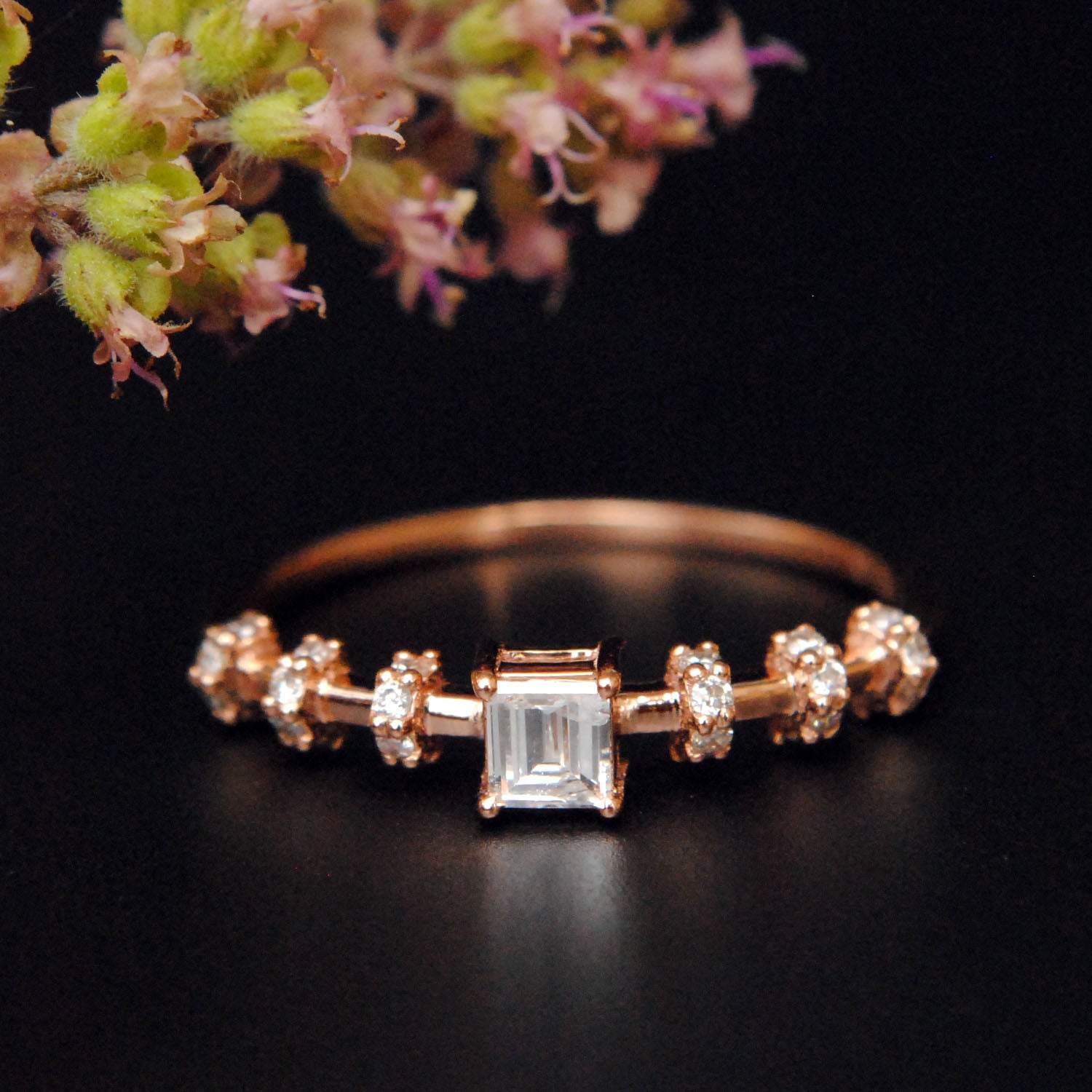 Square Baguette Diamond Engagement Ring with Studded Shank