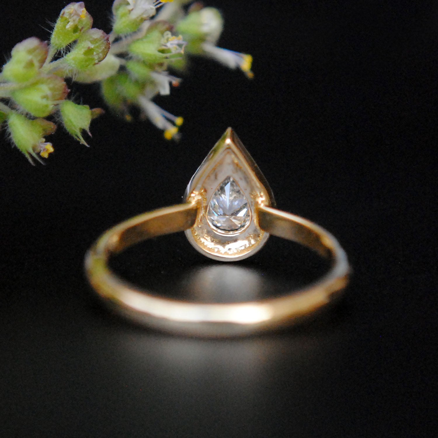 Pear Diamond with Milligrain Gold Halo Engagement Ring