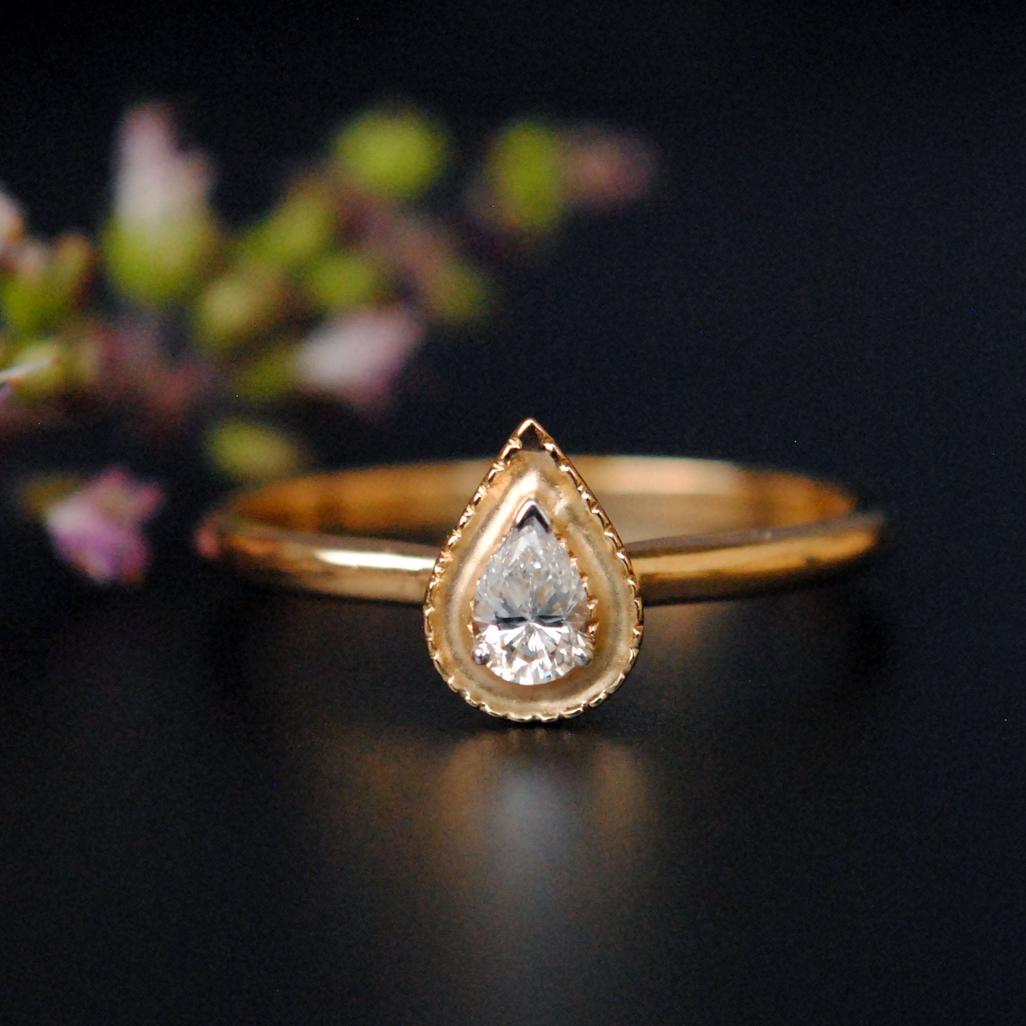 Pear Diamond with Milligrain Gold Halo Engagement Ring