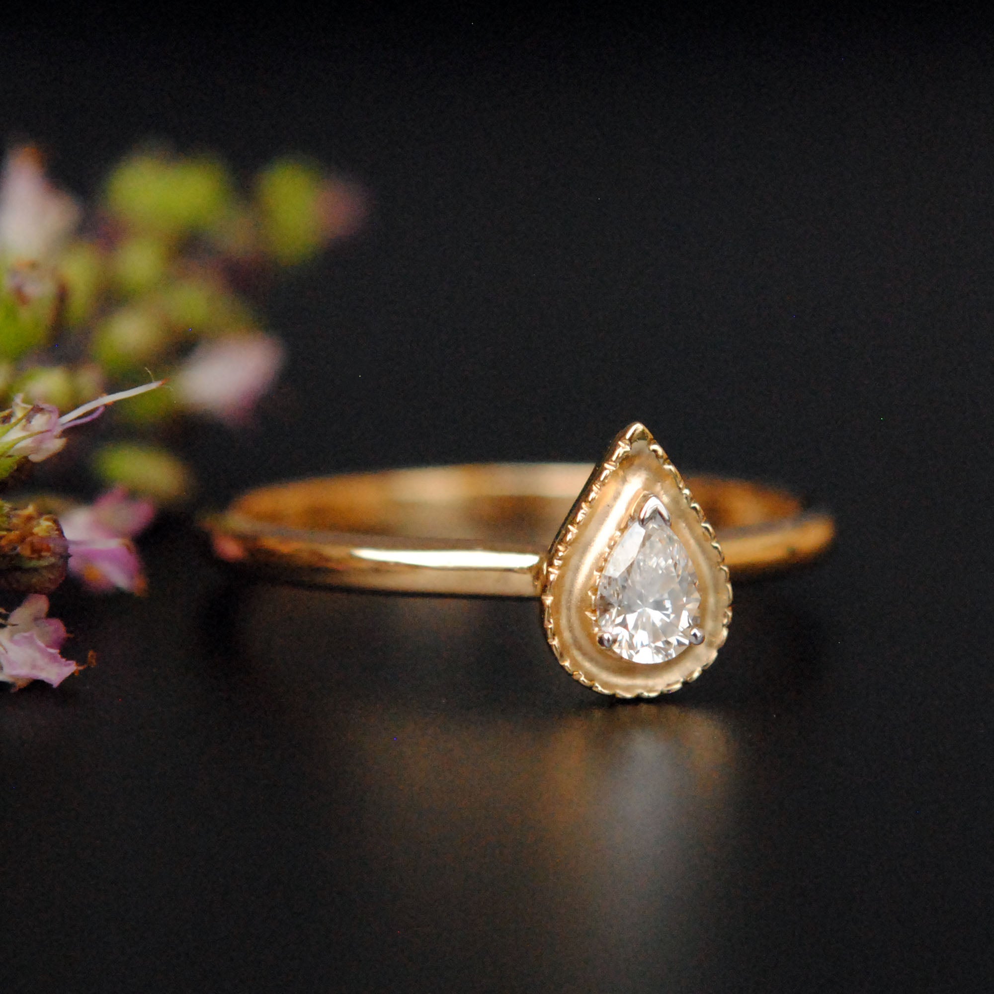 Pear Diamond with Milligrain Gold Halo Engagement Ring