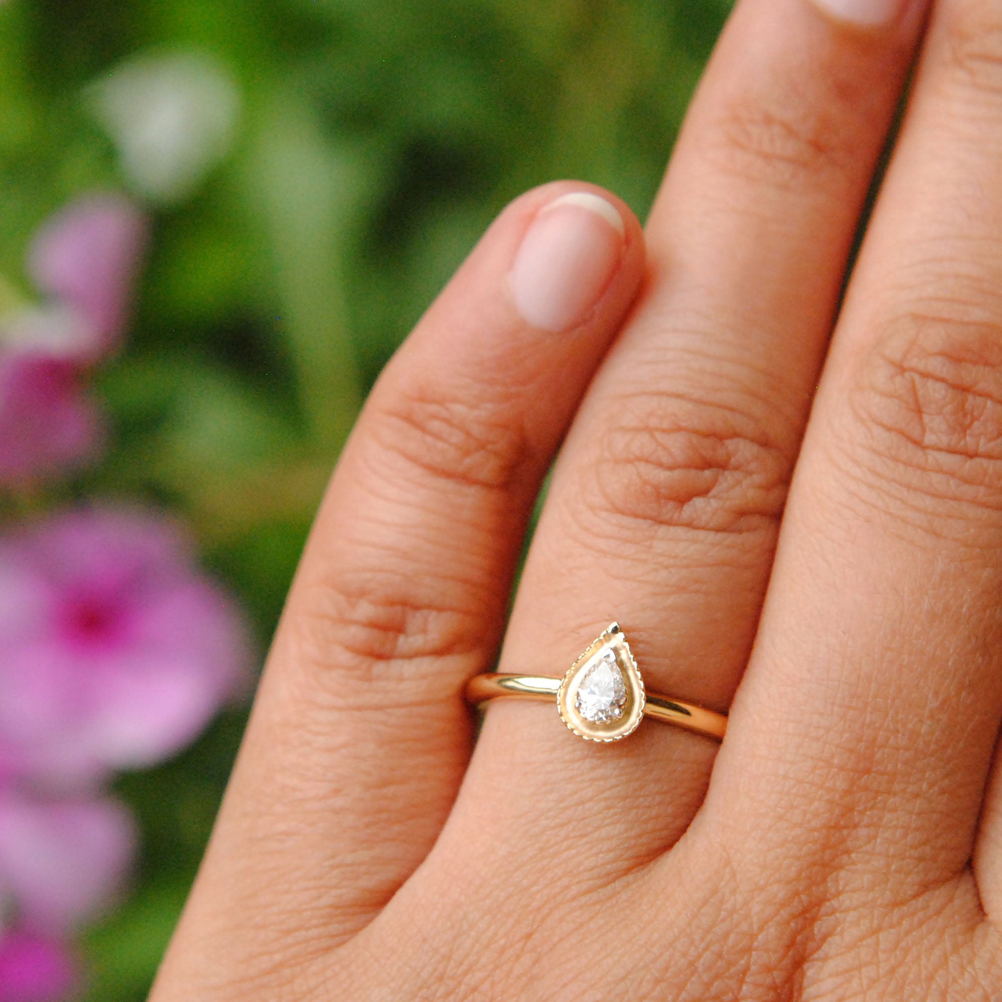 Pear Diamond with Milligrain Gold Halo Engagement Ring