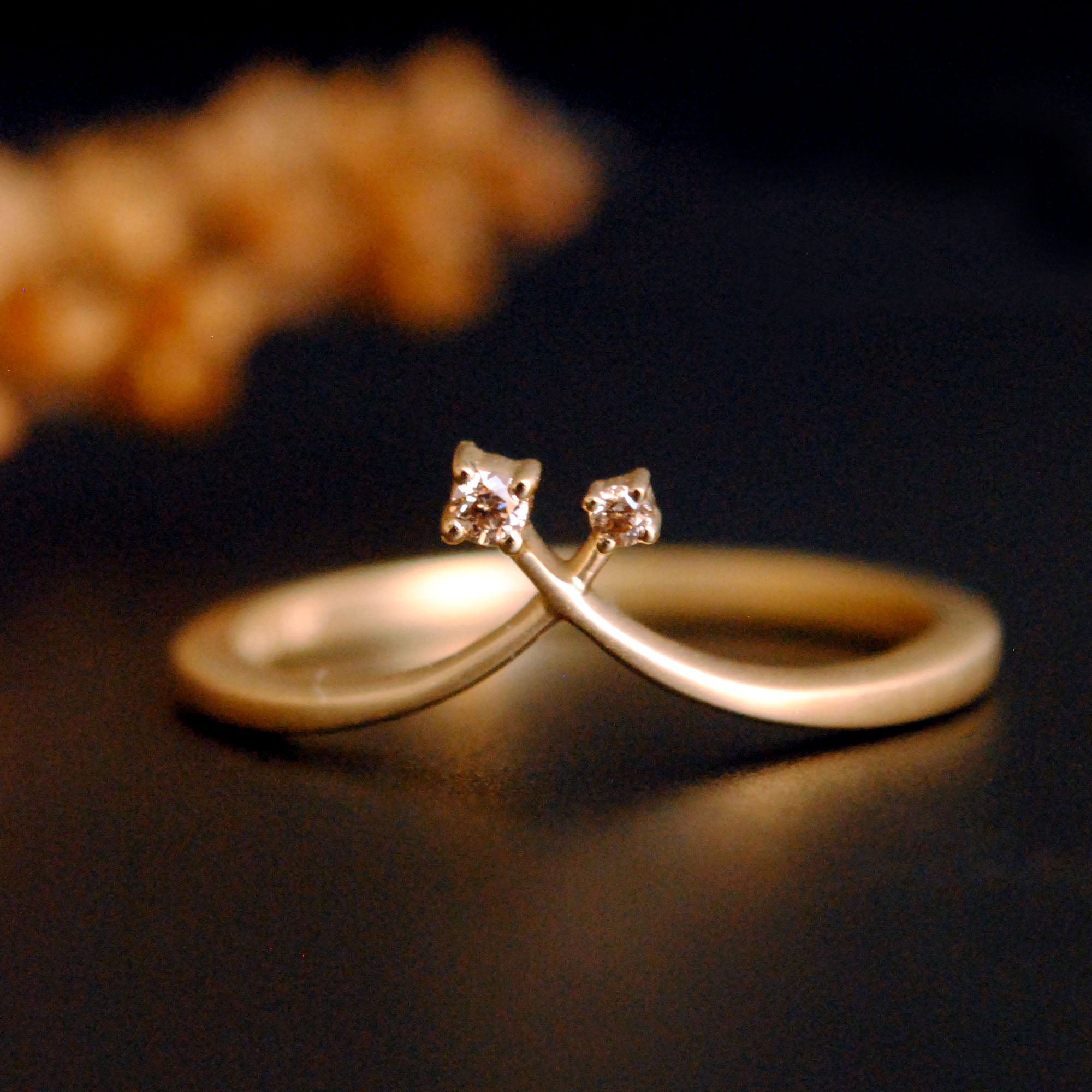 Twin Champagne Diamond Chevron V Ring in Matte Gold
