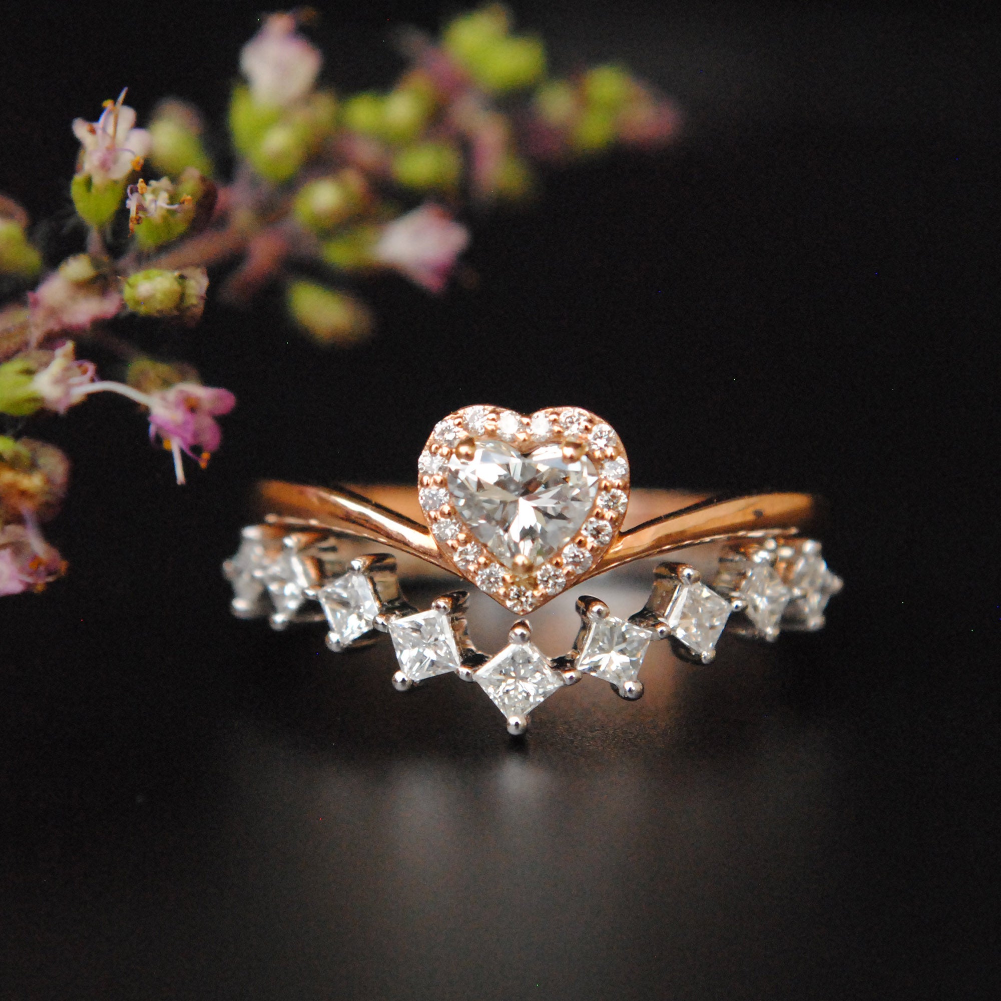 14k Gold Heart Diamond Cut Engagement Ring and Princess Cut Diamond Stack V Wedding Band Set