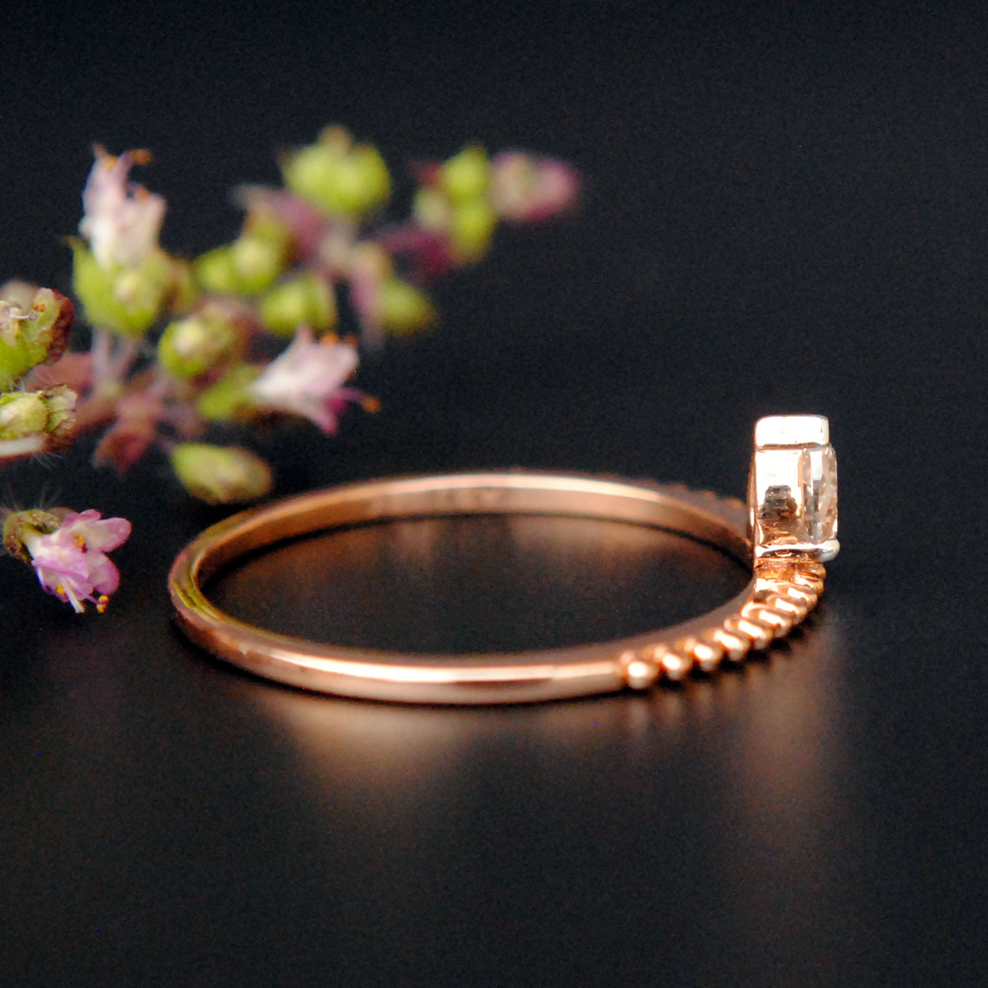 Off Centre Pear Diamond Ring with Milligrain Band