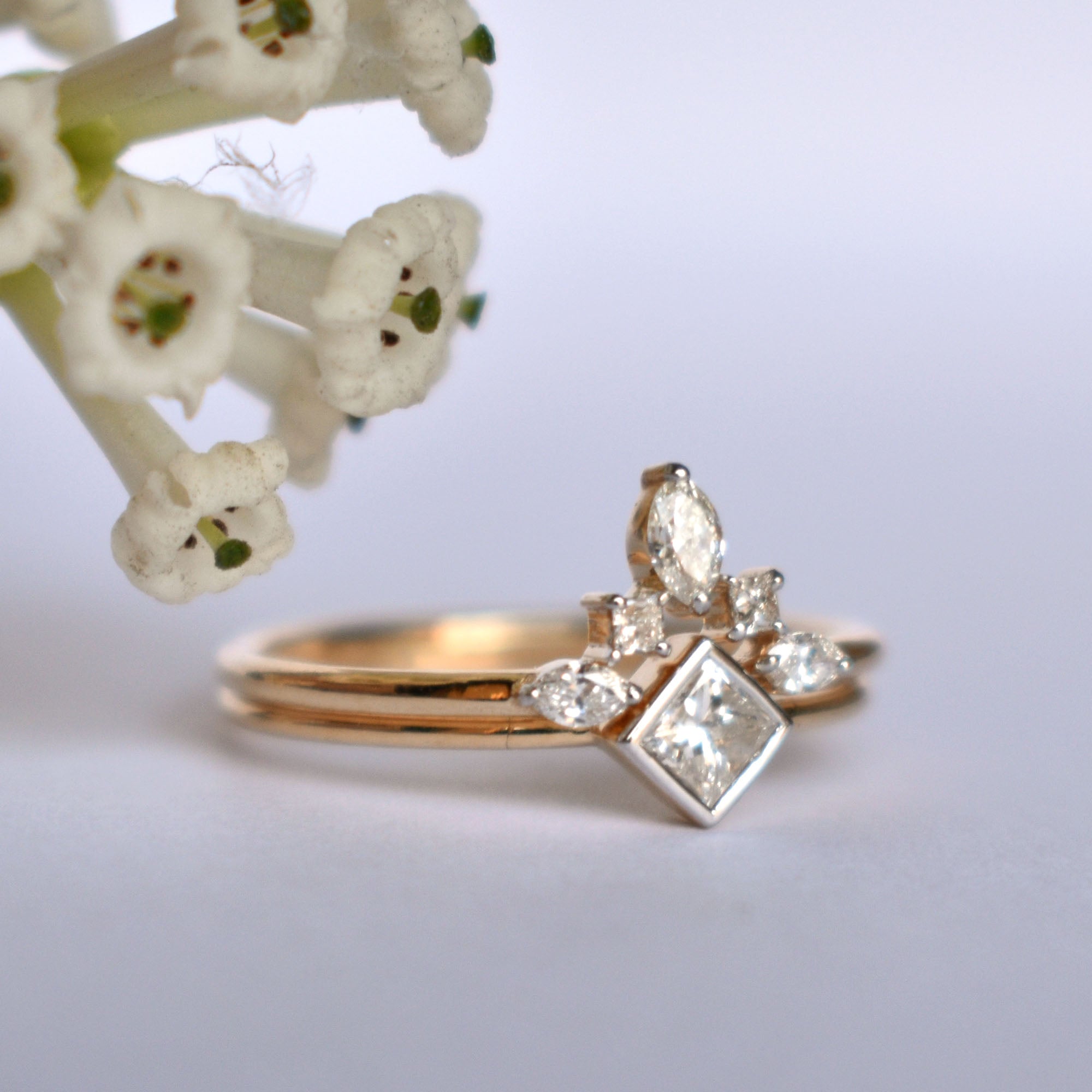 Princess Diamond Wedding Ring Set with Marquise Diamond Chevron V Wedding Band