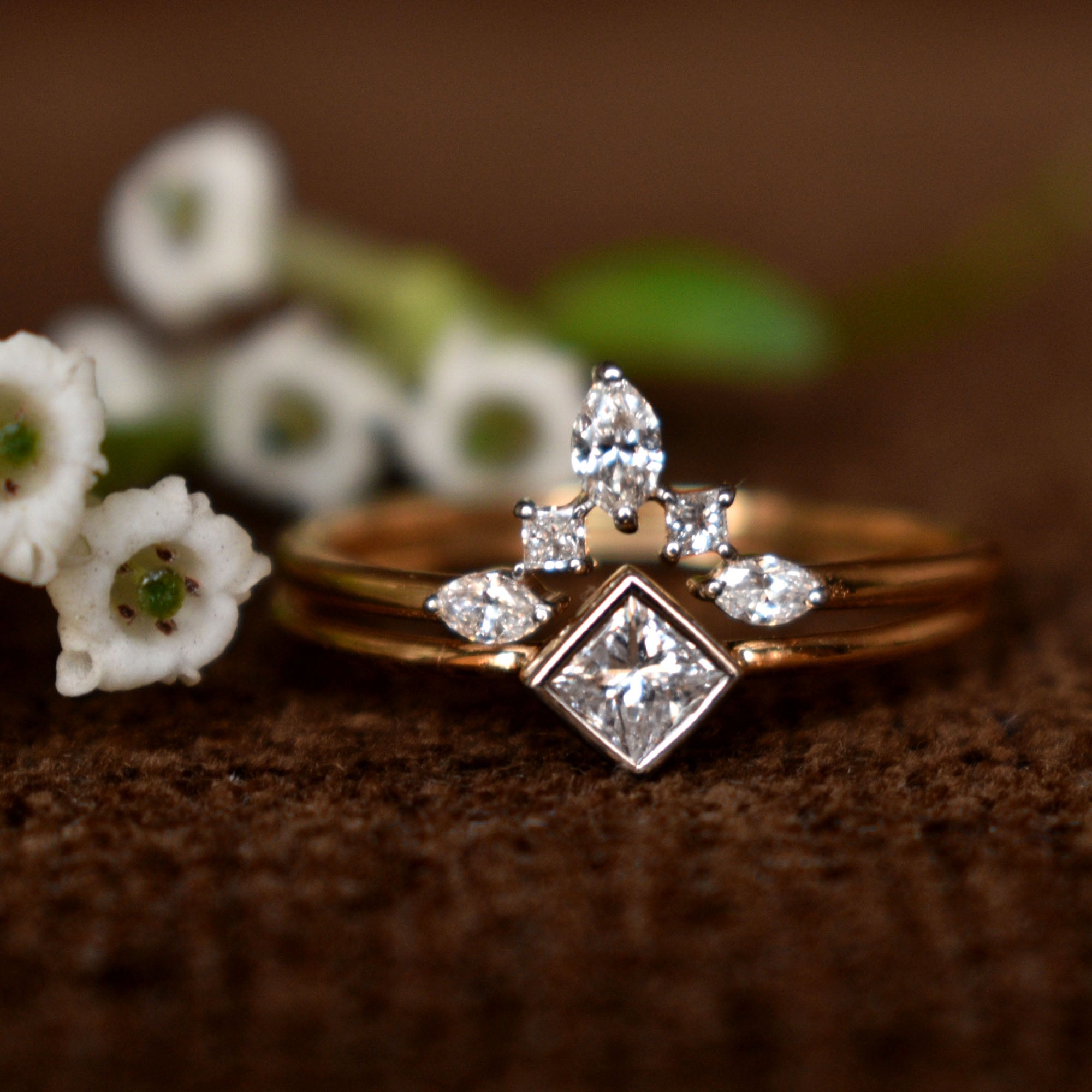 Princess Diamond Wedding Ring Set with Marquise Diamond Chevron V Wedding Band