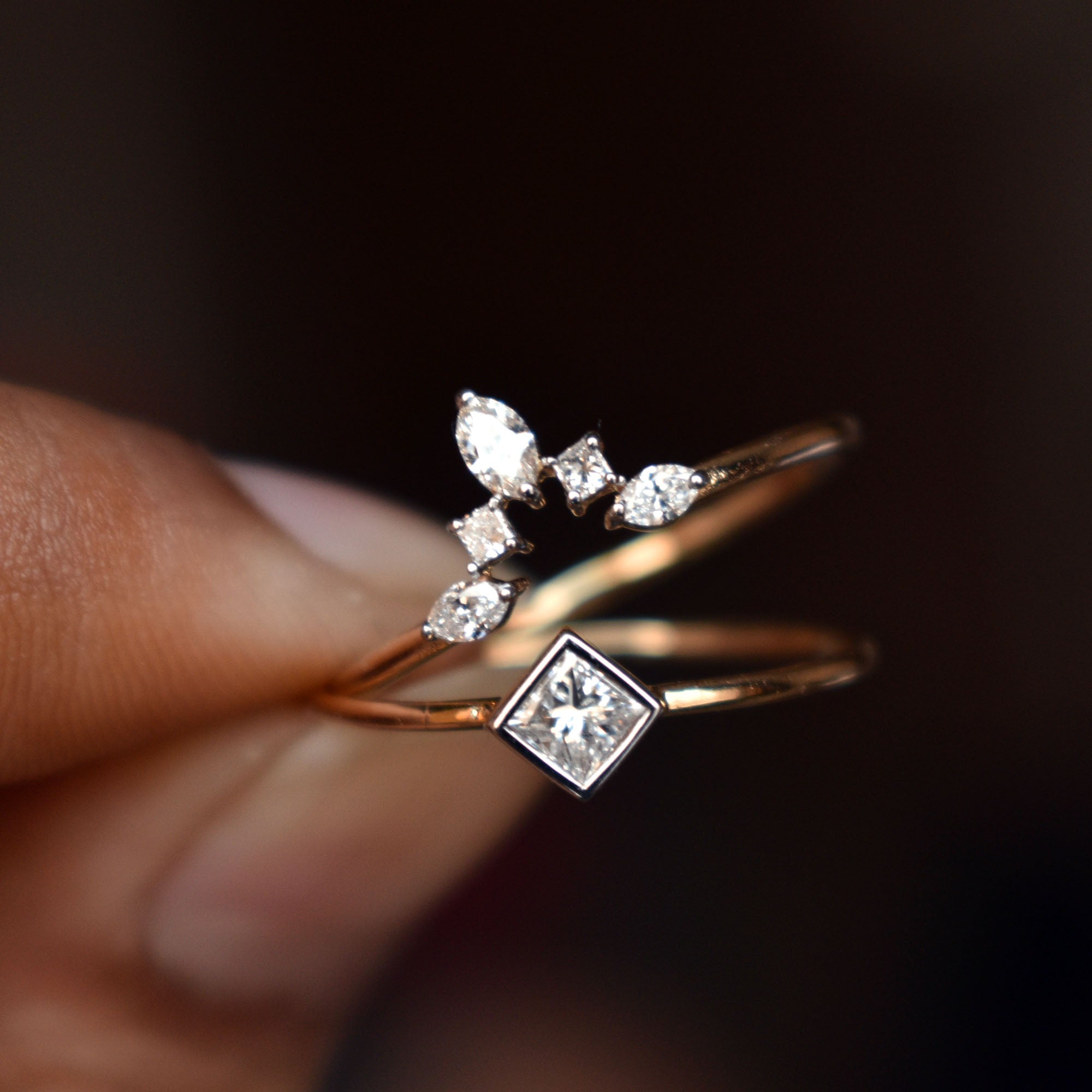 Princess Diamond Wedding Ring Set with Marquise Diamond Chevron V Wedding Band