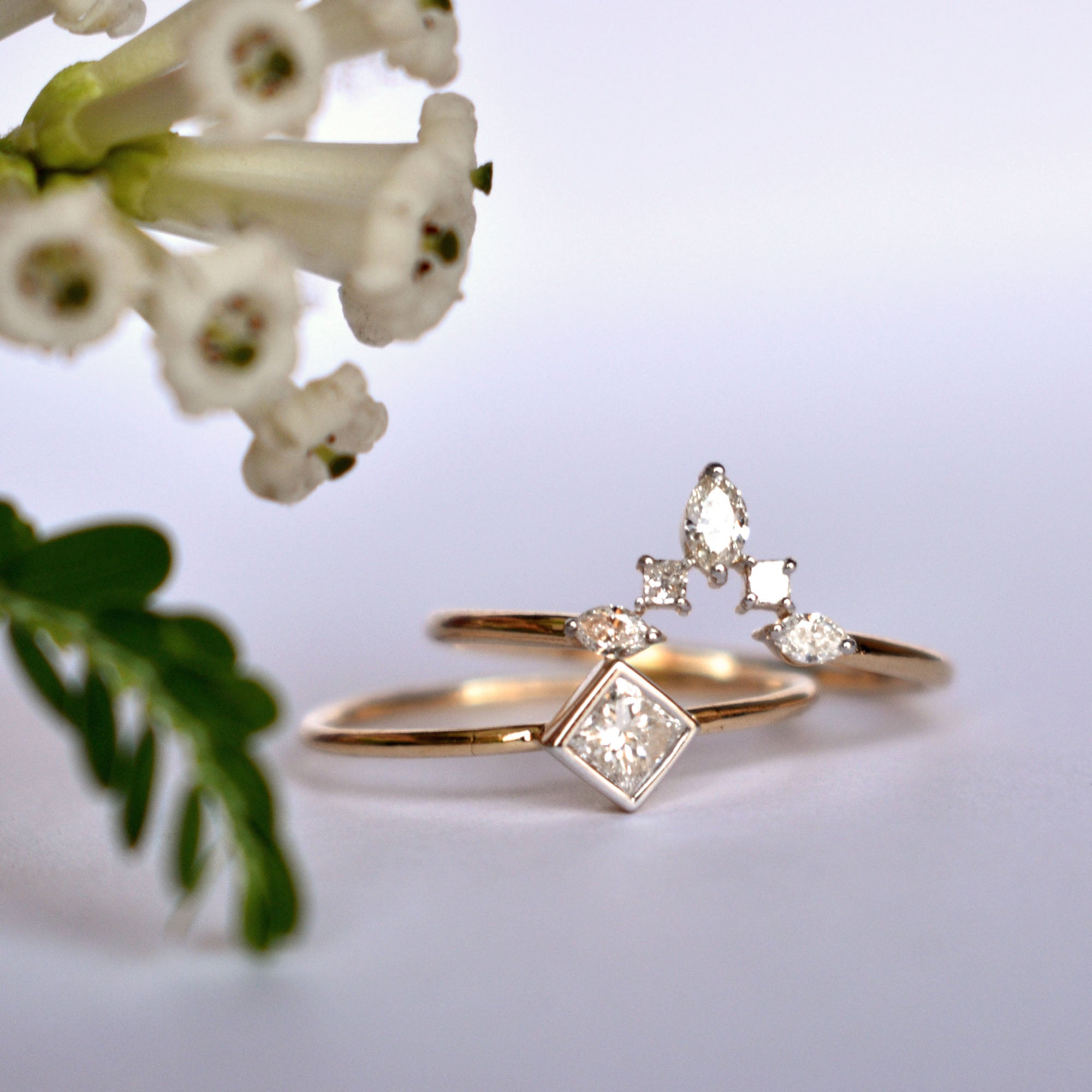 Princess Diamond Wedding Ring Set with Marquise Diamond Chevron V Wedding Band