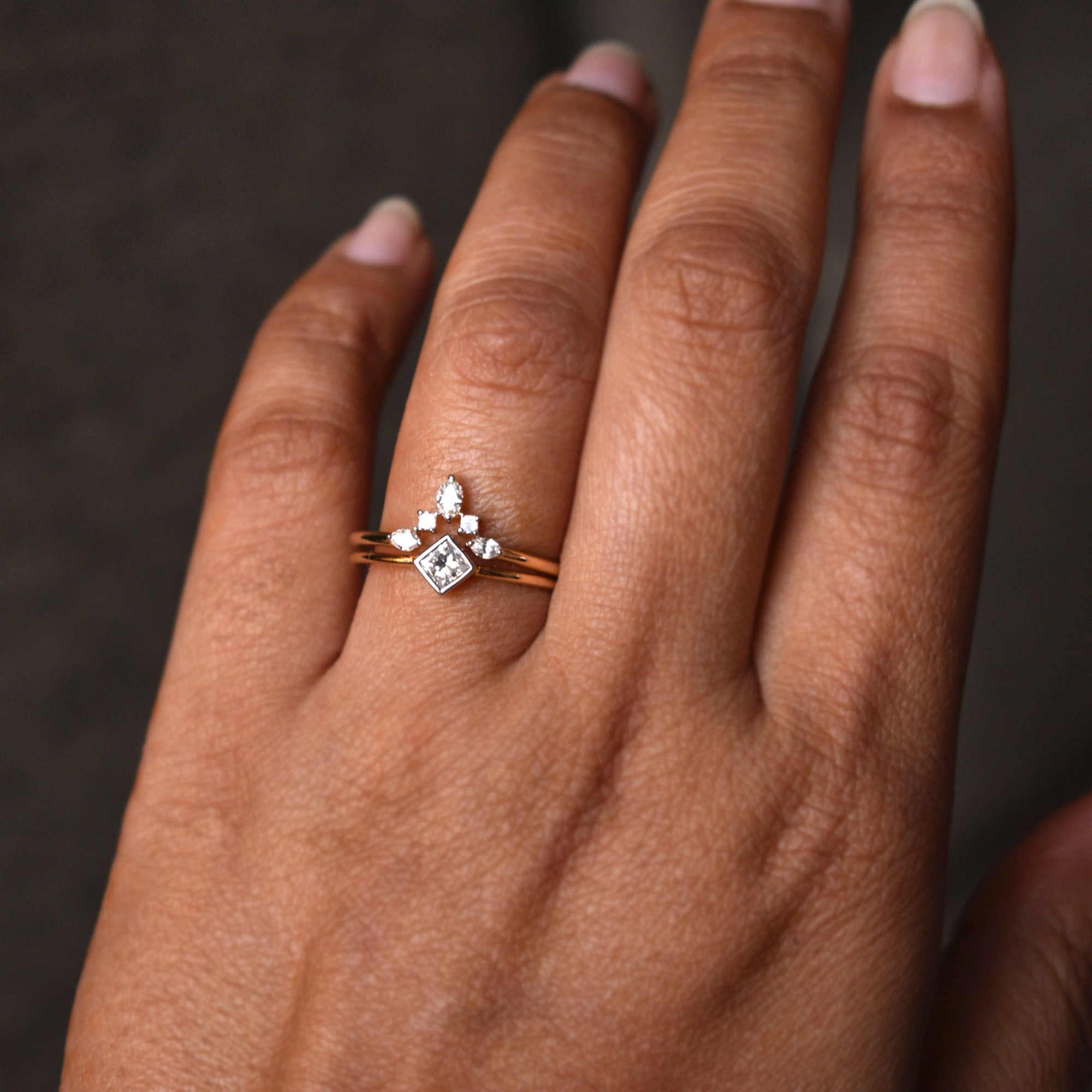 Princess Diamond Wedding Ring Set with Marquise Diamond Chevron V Wedding Band