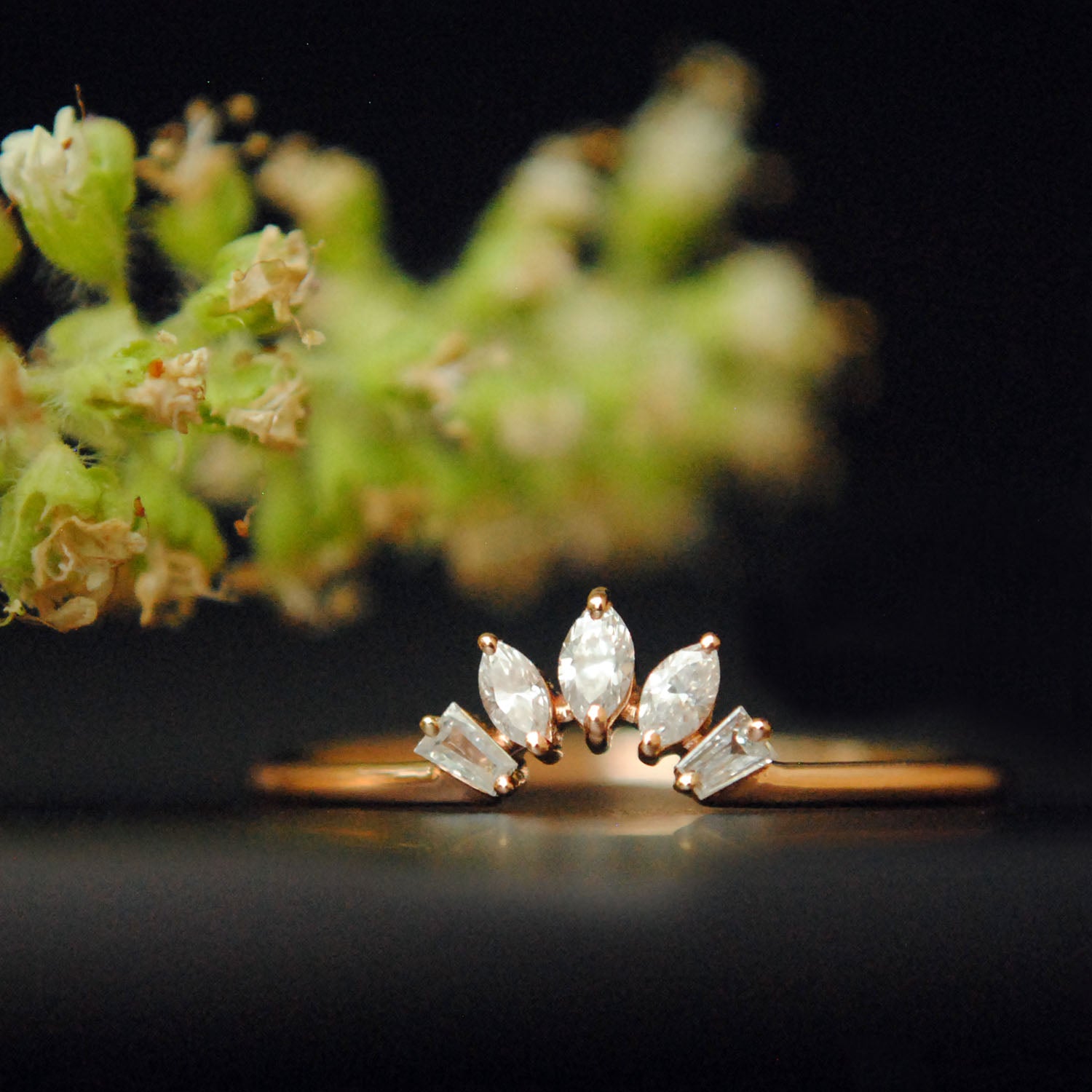 Solid Gold Baguette and Marquise Diamond Curved Wedding Band