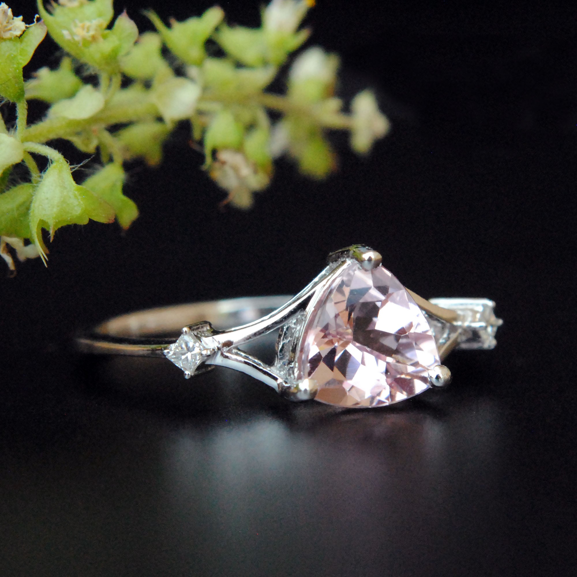 Three Stone Trillion Cut Pink Morganite and Diamond Engagement Ring