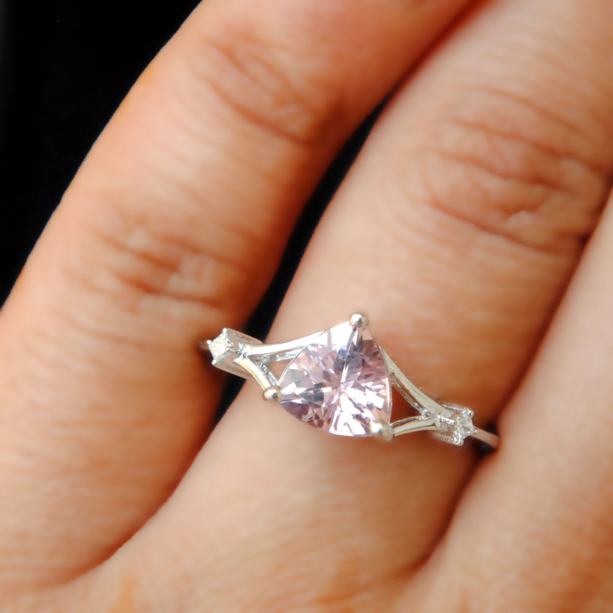 Three Stone Trillion Cut Pink Morganite and Diamond Engagement Ring