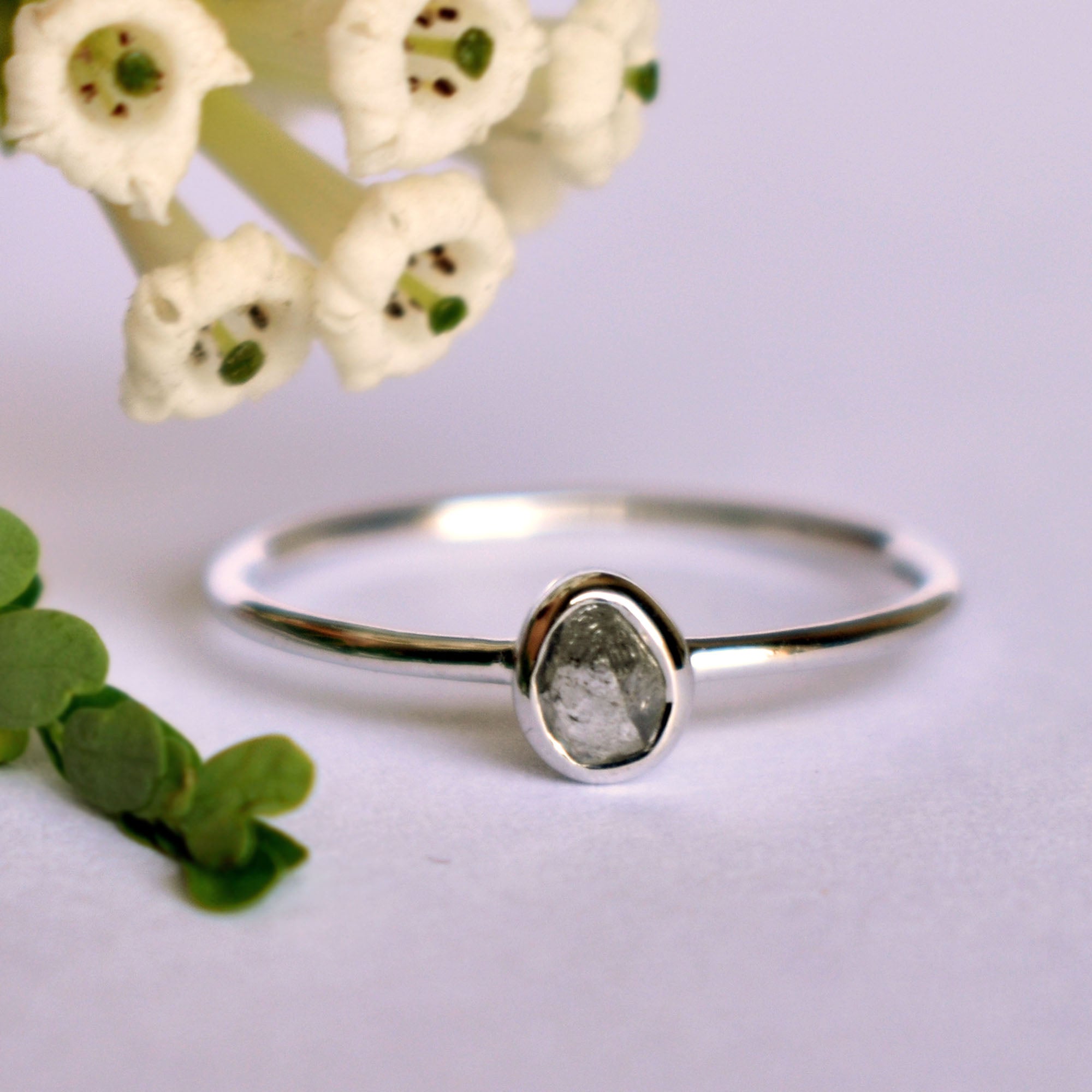 Gray Raw Diamond Engagement Ring, 14K White Gold Bezel Set Rough Grey Diamond