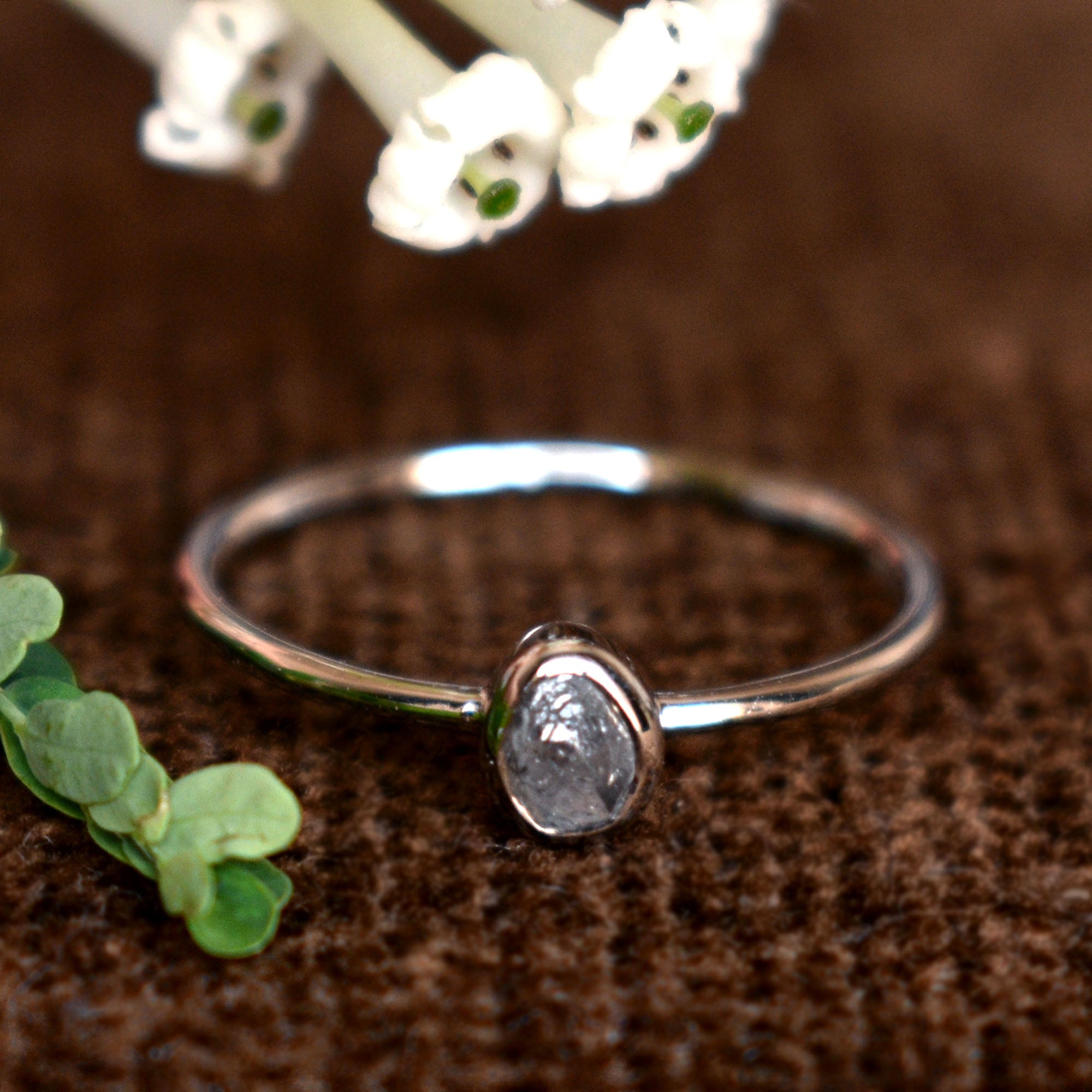 Gray Raw Diamond Engagement Ring, 14K White Gold Bezel Set Rough Grey Diamond