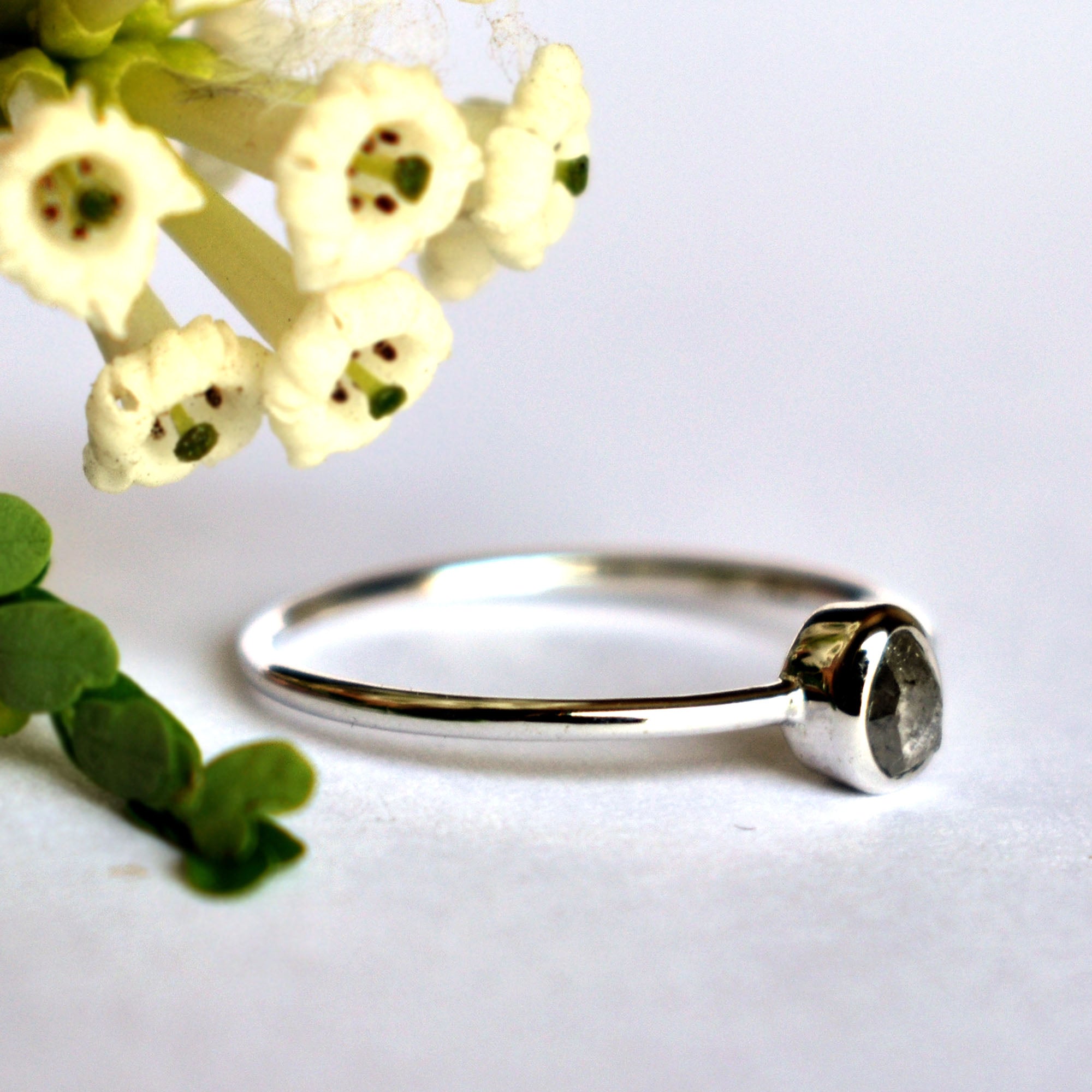 Gray Raw Diamond Engagement Ring, 14K White Gold Bezel Set Rough Grey Diamond