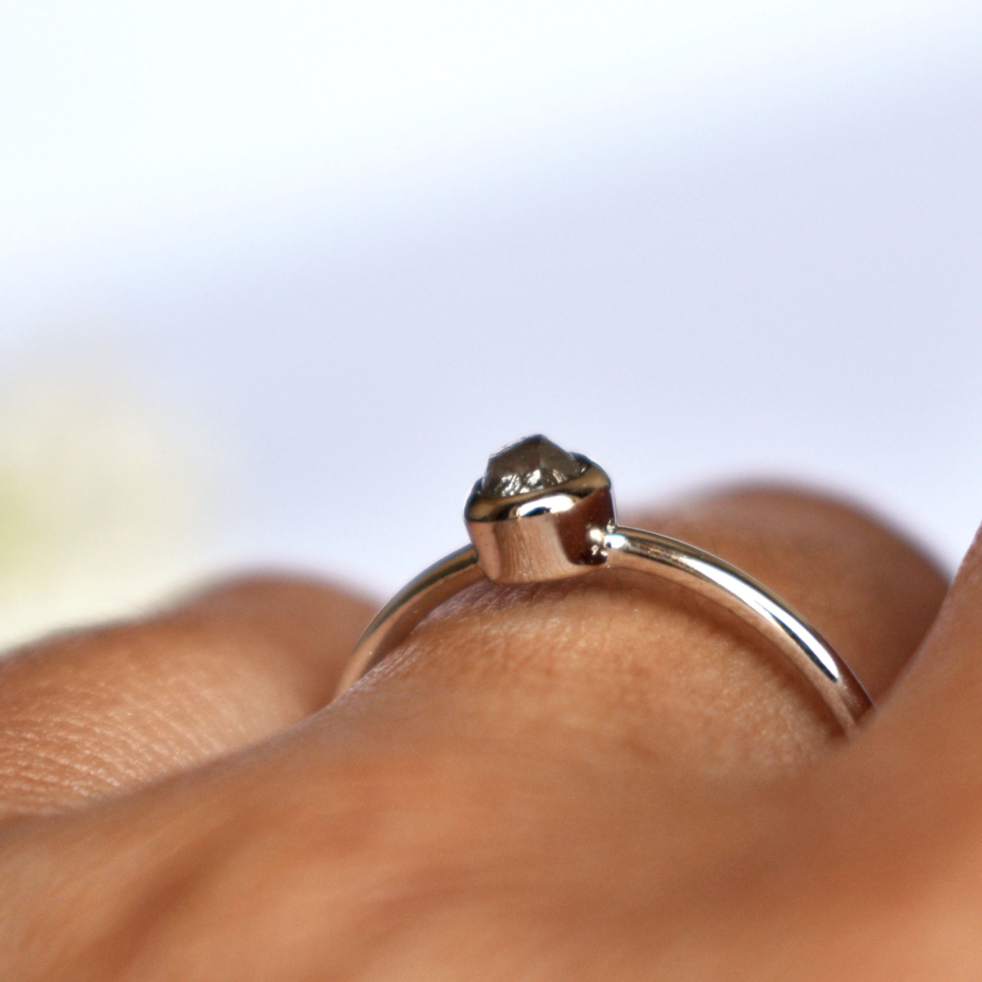 Gray Raw Diamond Engagement Ring, 14K White Gold Bezel Set Rough Grey Diamond