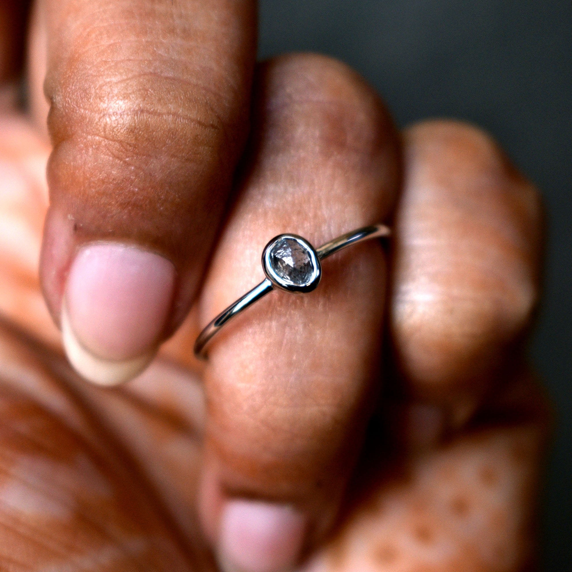 Gray Raw Diamond Engagement Ring, 14K White Gold Bezel Set Rough Grey Diamond