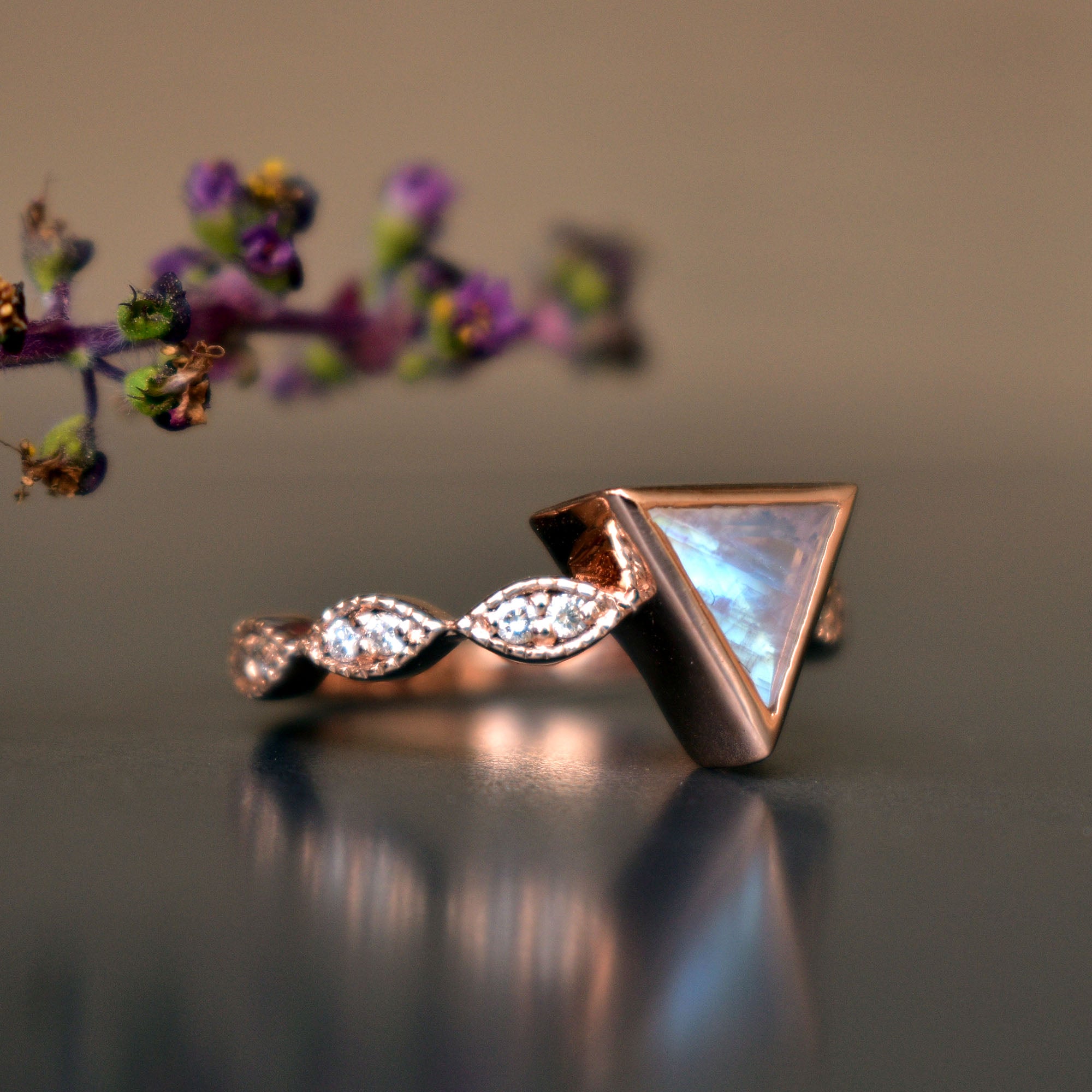 Triangle Moonstone Engagement Ring with Diamond Studded Band
