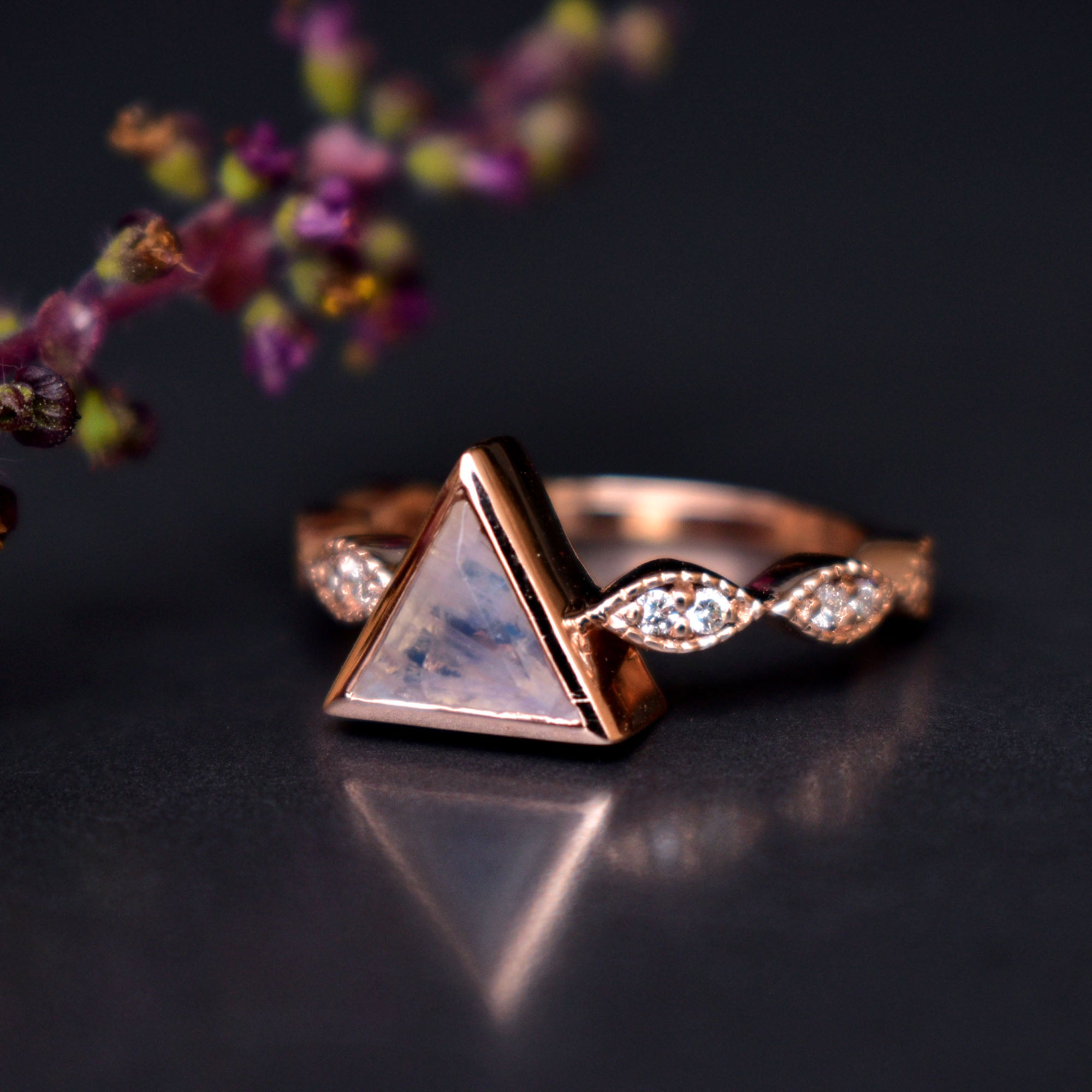 Triangle Moonstone Engagement Ring with Diamond Studded Band