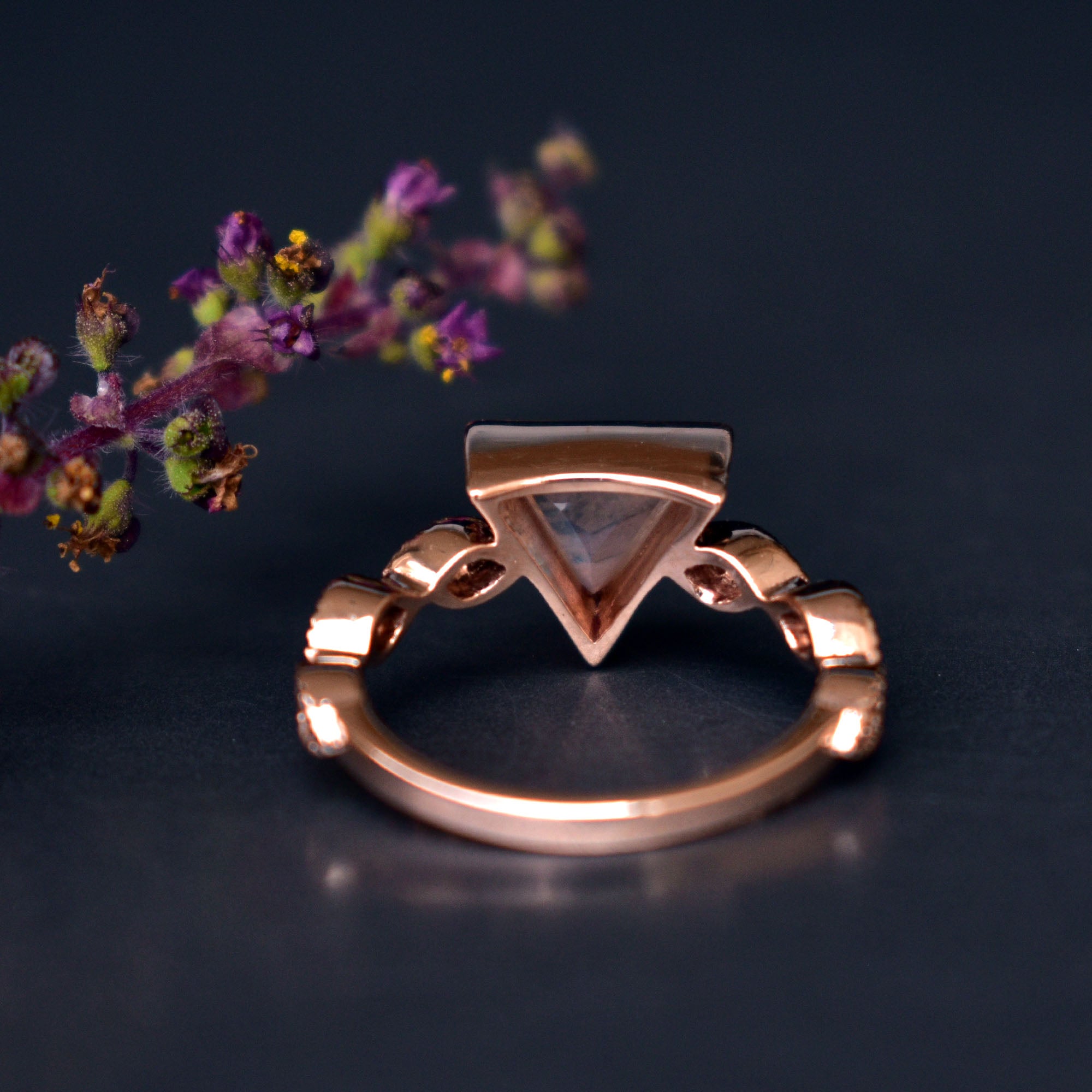 Triangle Moonstone Engagement Ring with Diamond Studded Band