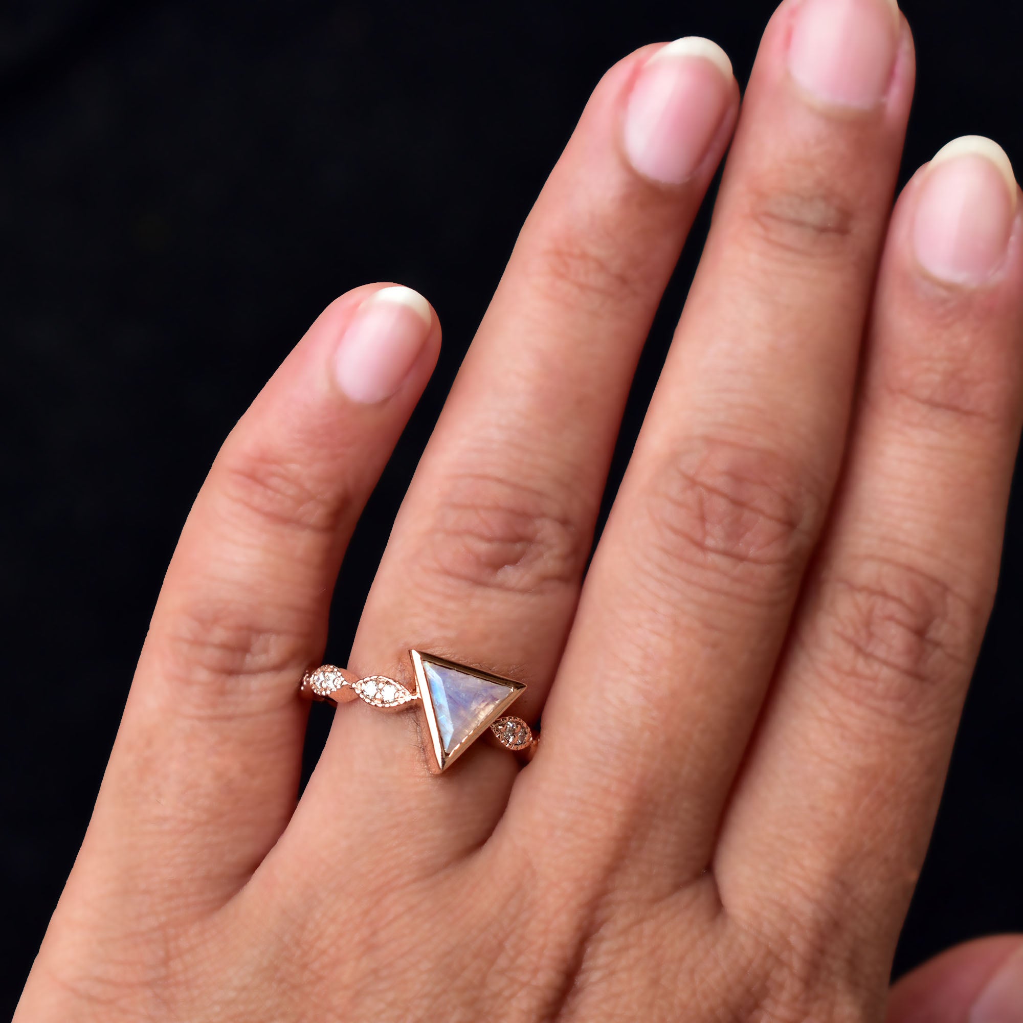 Triangle Moonstone Engagement Ring with Diamond Studded Band