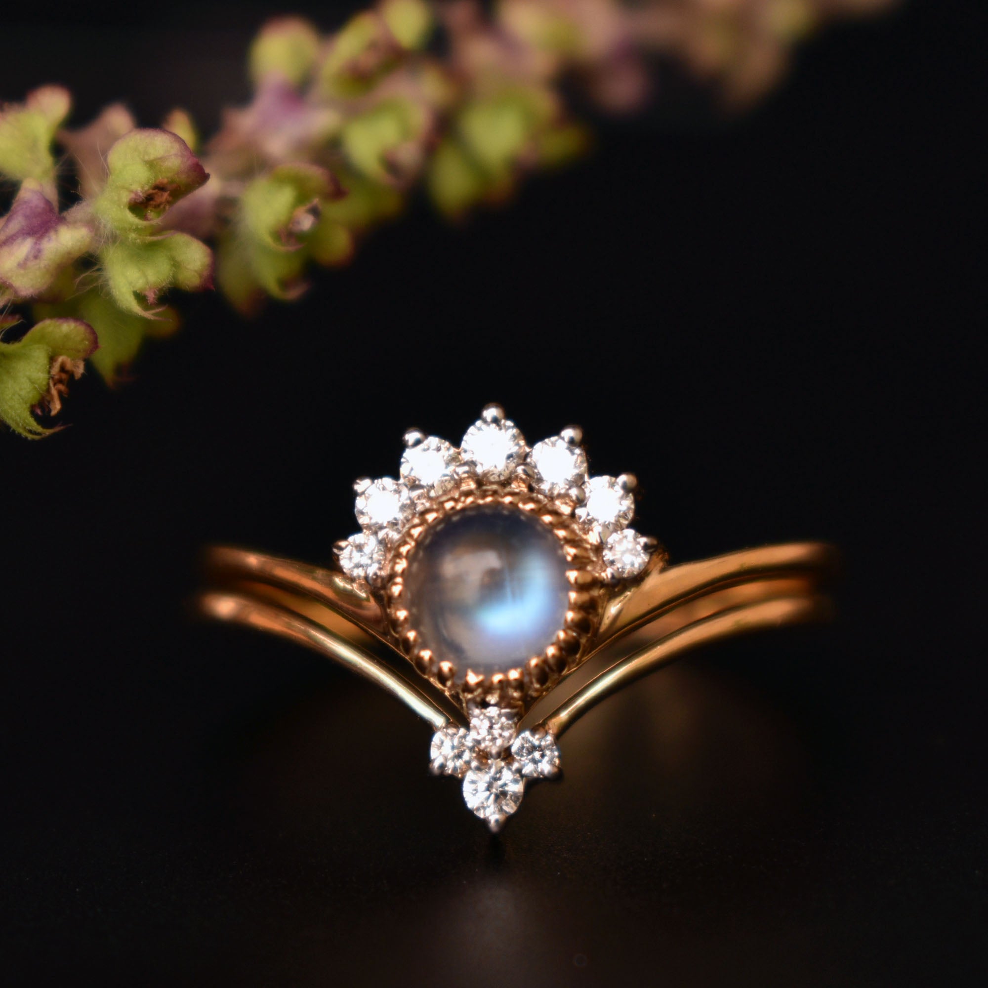 Round Moonstone with Diamond Half halo Engagement Ring and Chevron V Ring Bridal Set