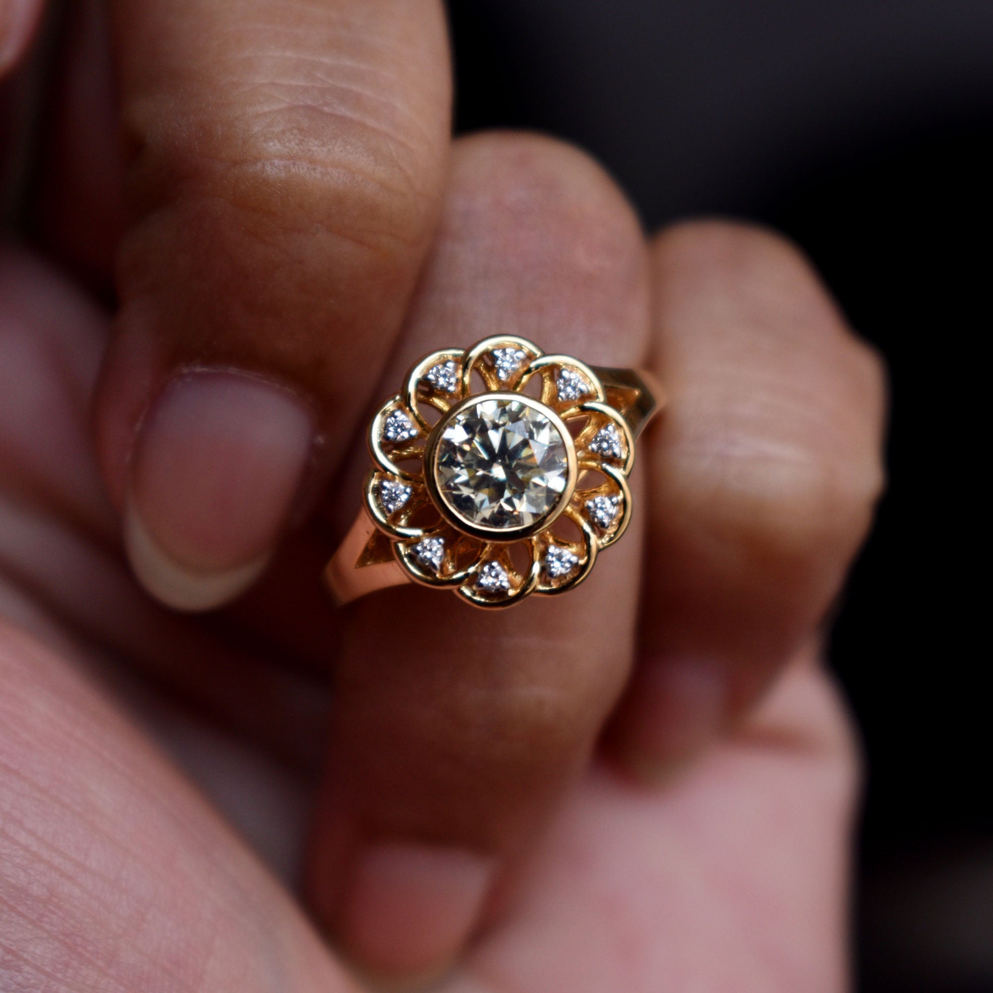 Floral Lace Filigree Solitaire Diamond Engagement Ring