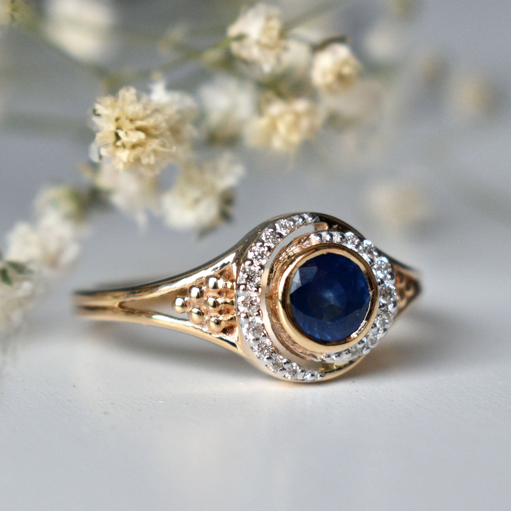 Blue Sapphire & Double Diamond Halo Engagement Ring