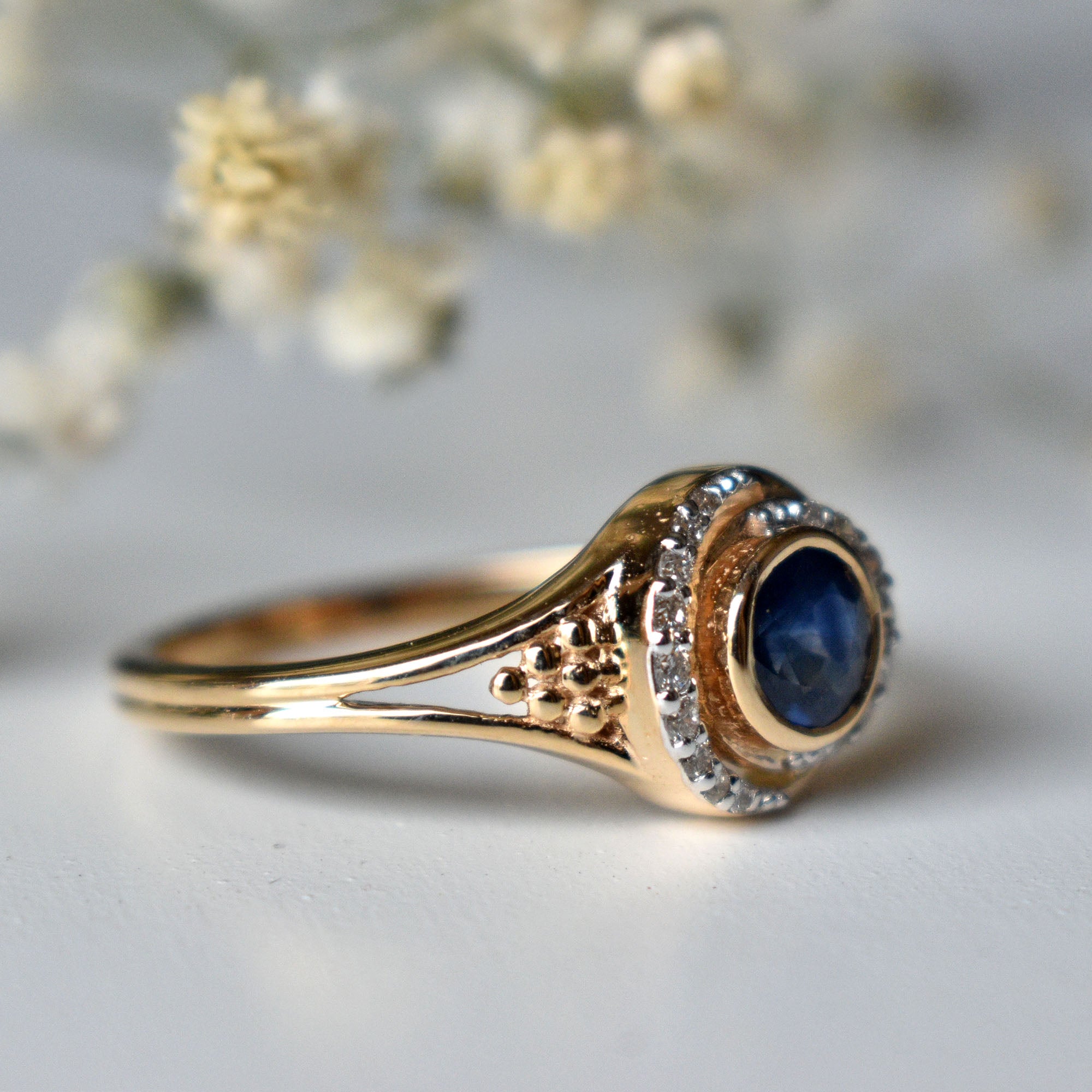 Blue Sapphire & Double Diamond Halo Engagement Ring