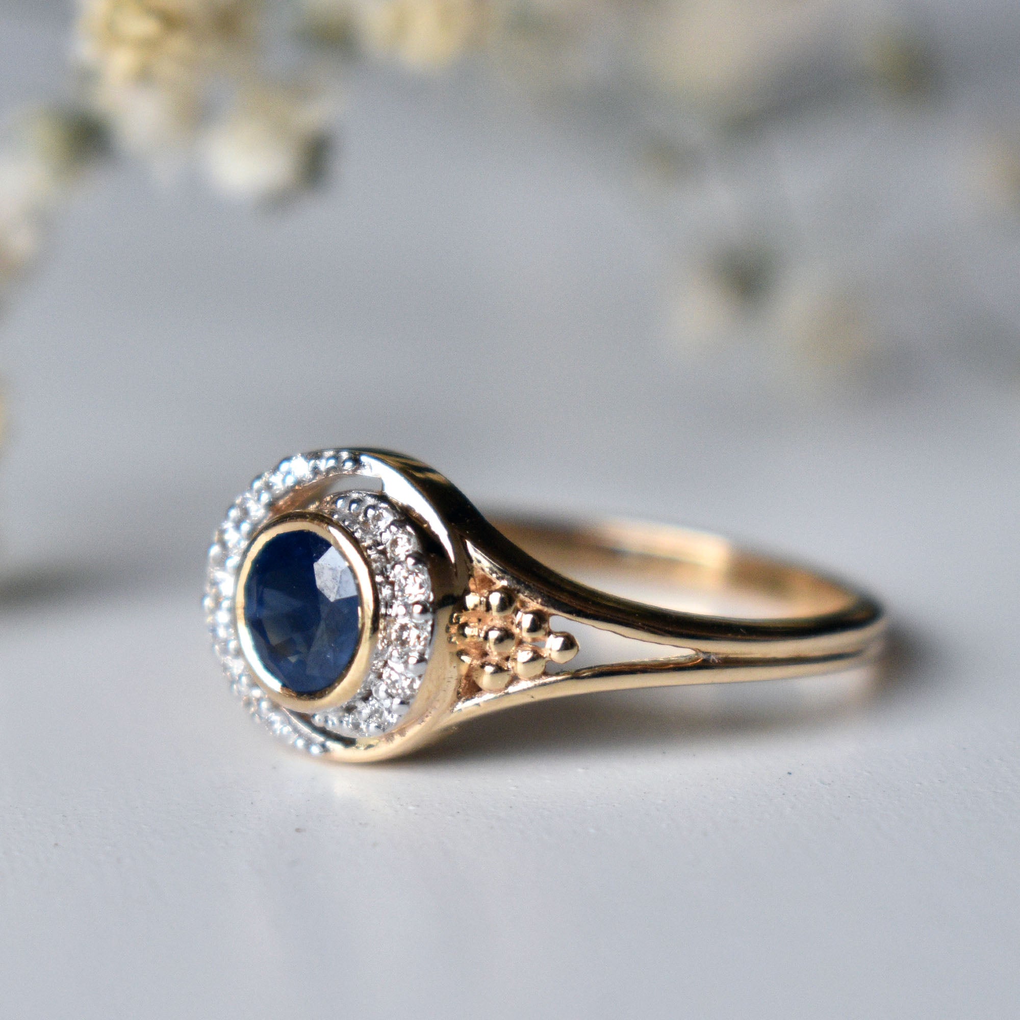 Blue Sapphire & Double Diamond Halo Engagement Ring