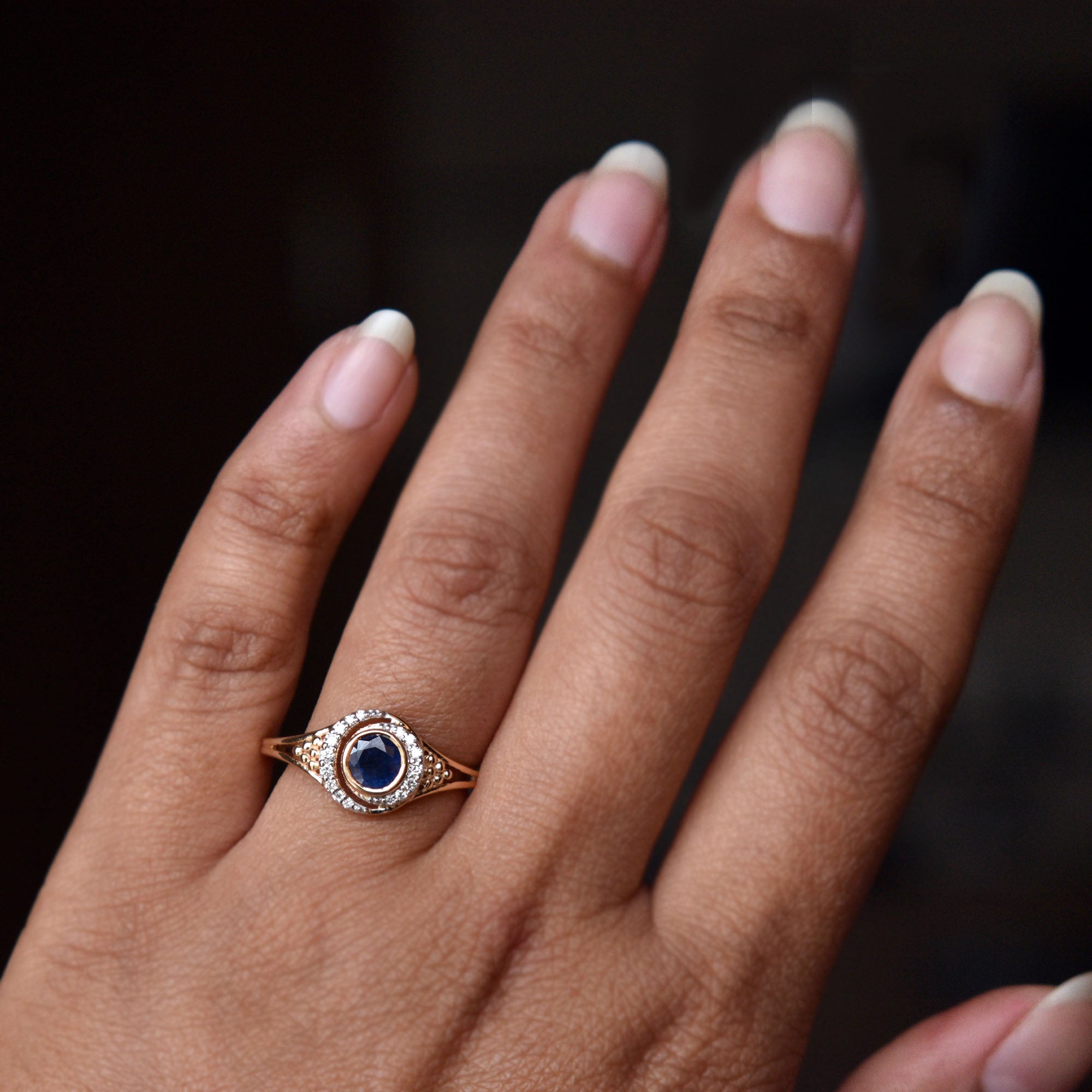 Blue Sapphire & Double Diamond Halo Engagement Ring