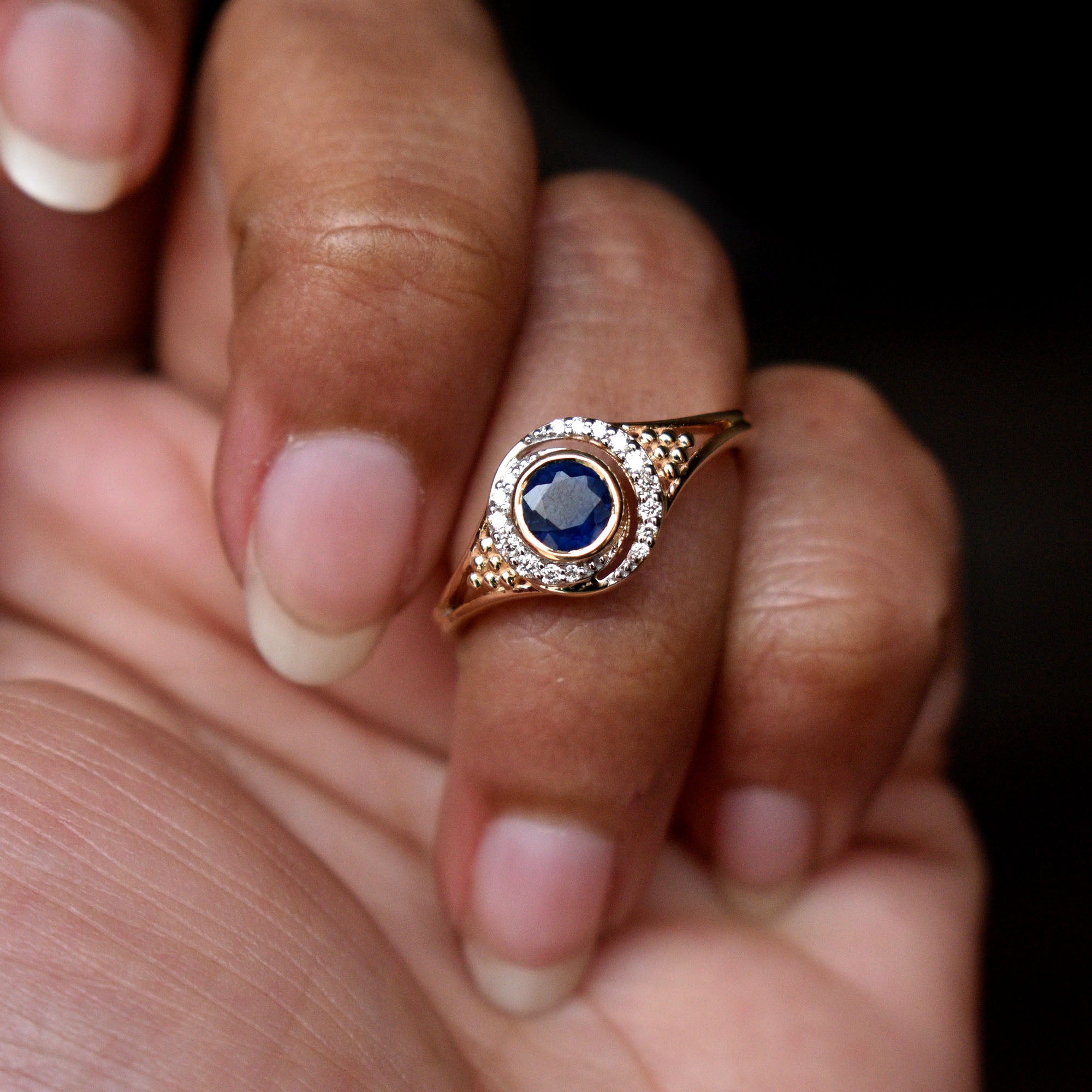 Blue Sapphire & Double Diamond Halo Engagement Ring