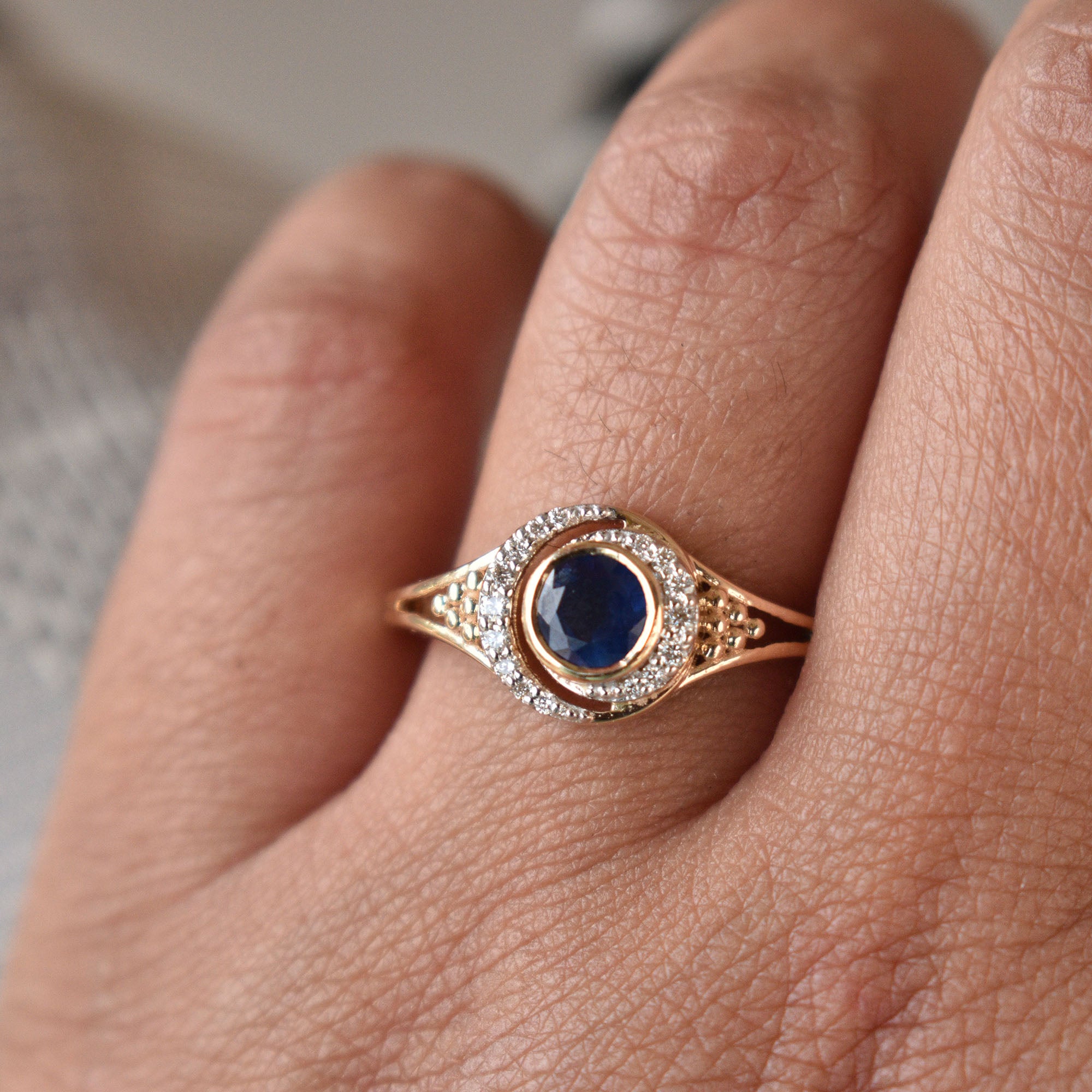 Blue Sapphire & Double Diamond Halo Engagement Ring