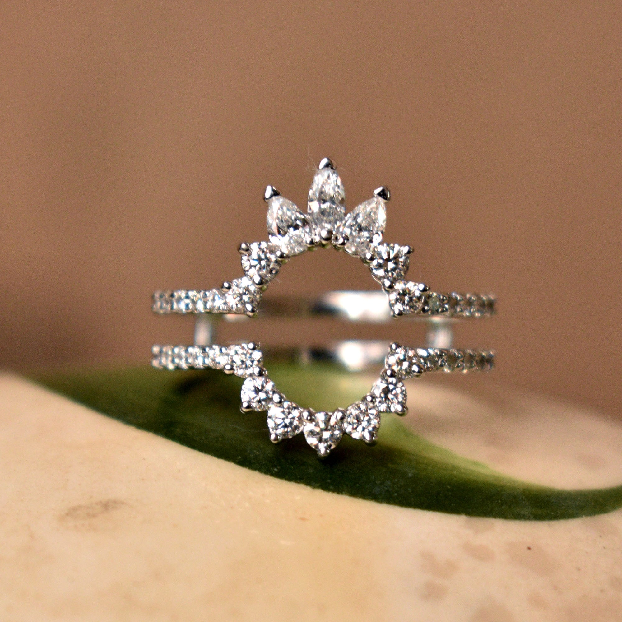 Diamond Ring Guard Enhancer with Pear and Round diamond for Oval Engagement Ring