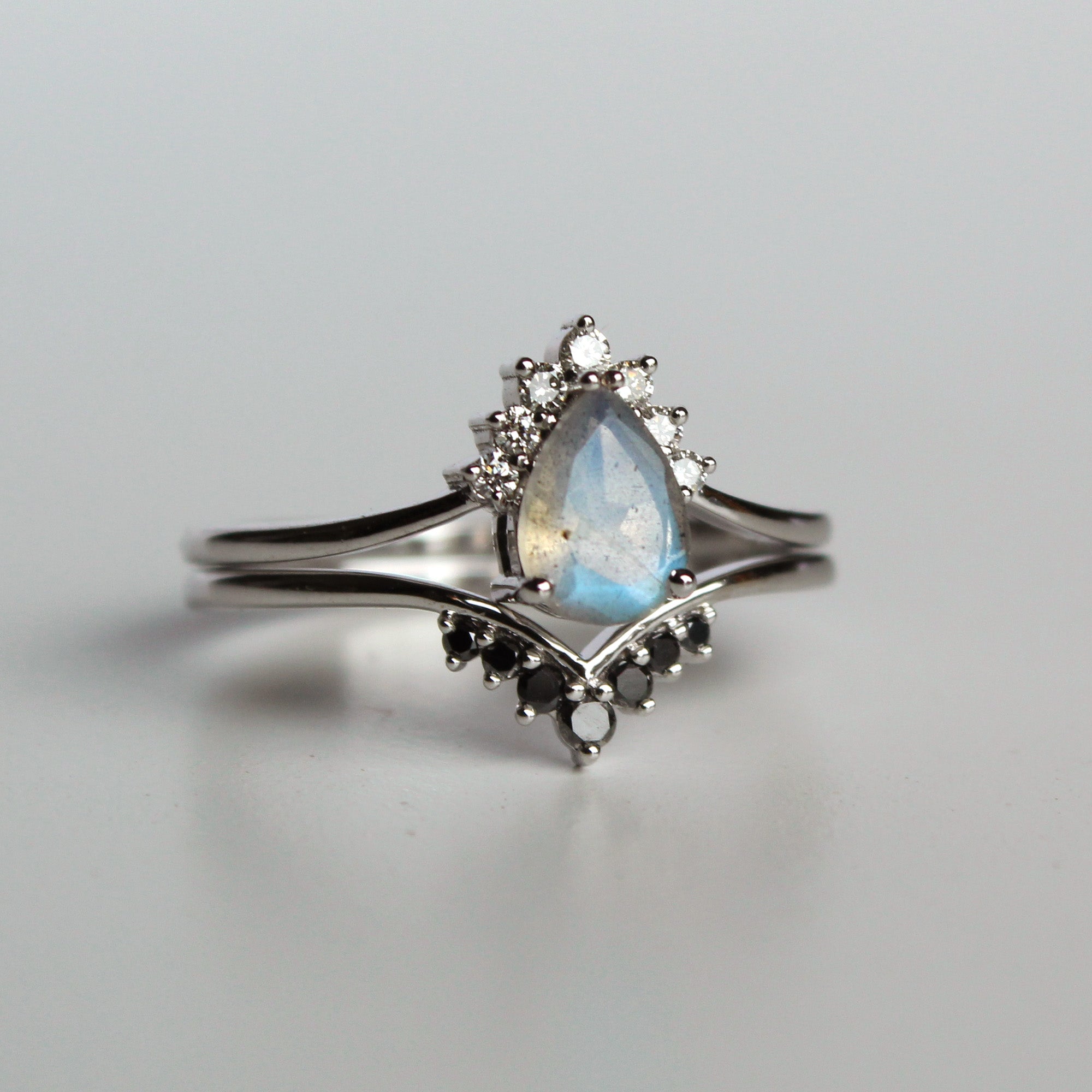 Pear Labradorite Half Halo Engagement Ring with Black Diamond Chevron Ring Set