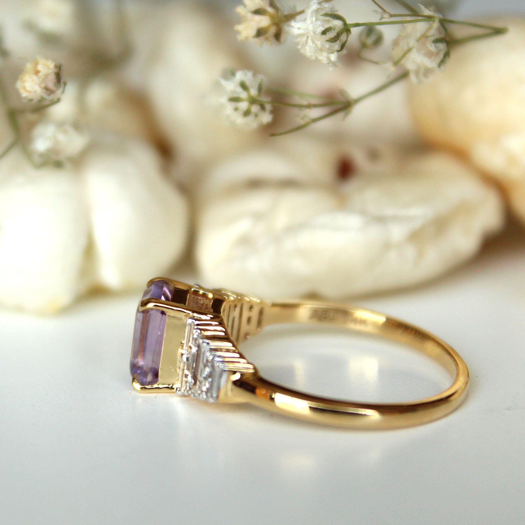 Art Deco Amethyst & Diamond Engagement Ring with Baguette Cut Diamond