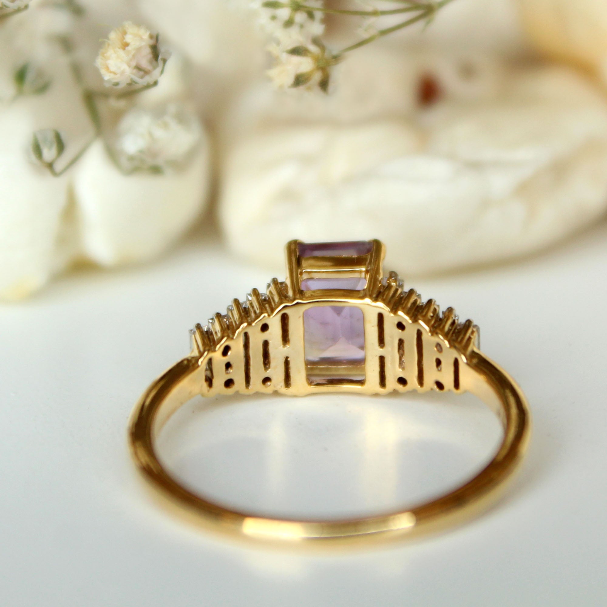 Art Deco Amethyst & Diamond Engagement Ring with Baguette Cut Diamond