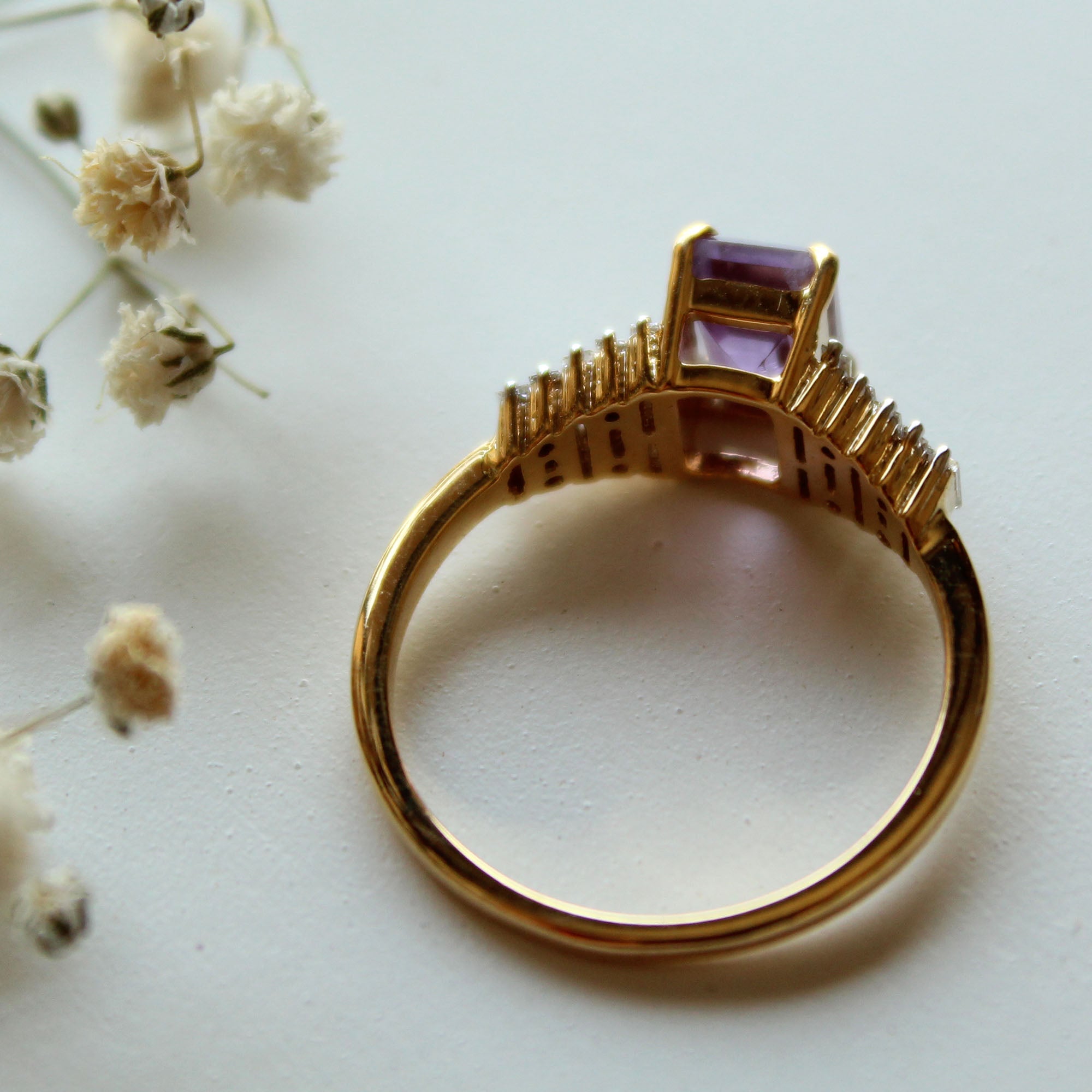 Art Deco Amethyst & Diamond Engagement Ring with Baguette Cut Diamond