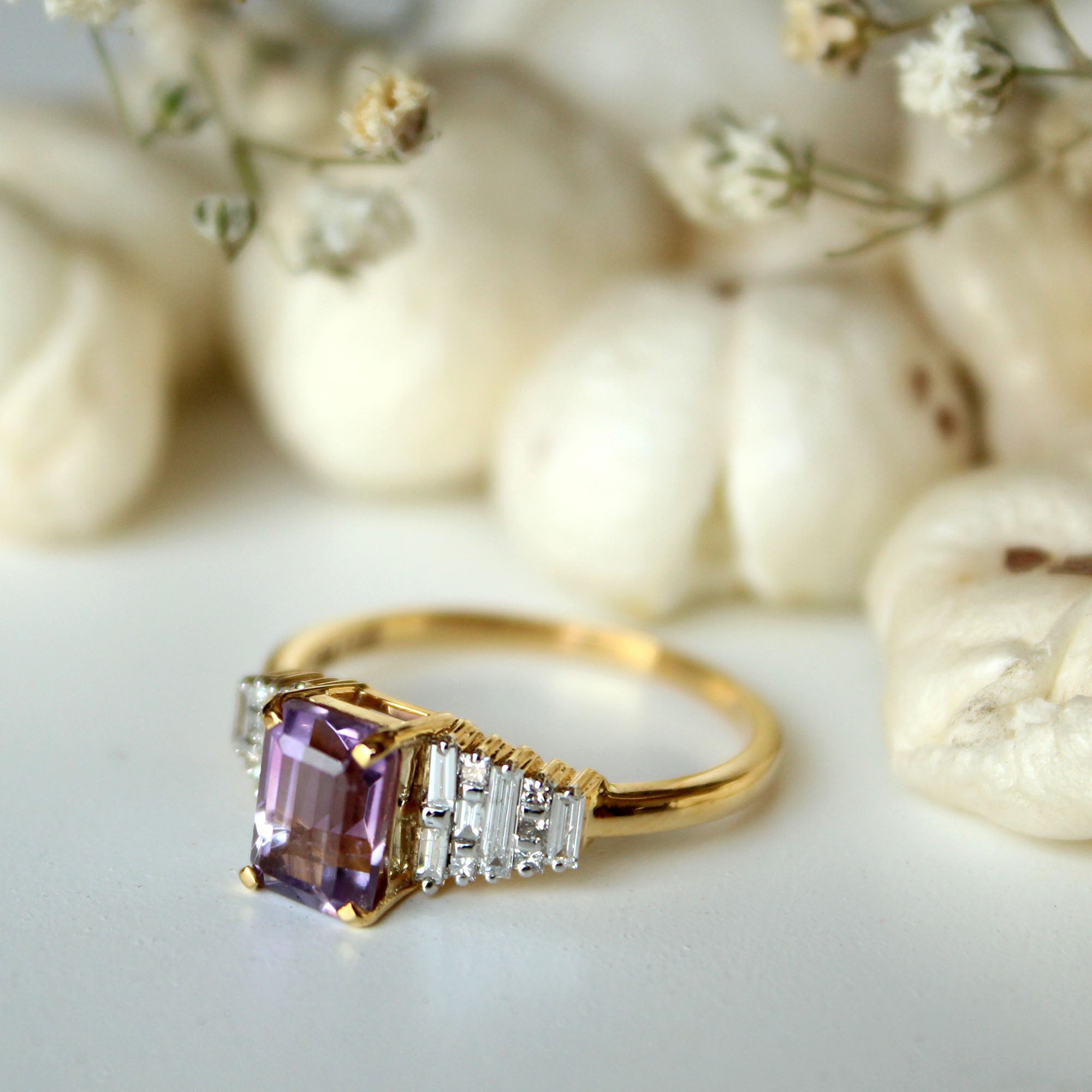 Art Deco Amethyst & Diamond Engagement Ring with Baguette Cut Diamond