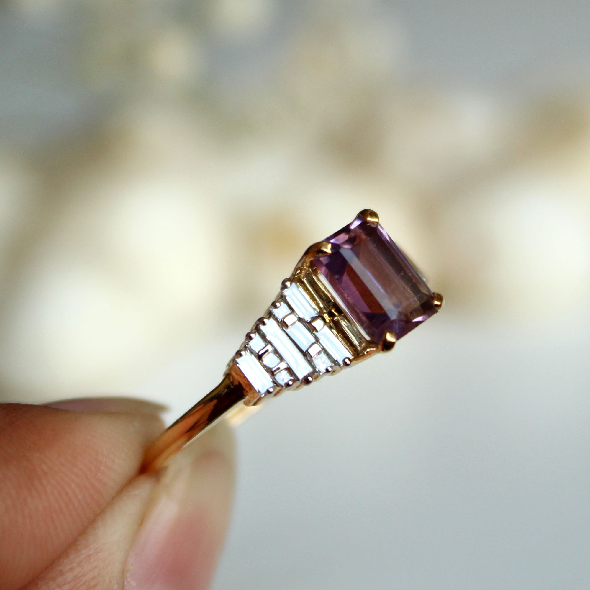 Art Deco Amethyst & Diamond Engagement Ring with Baguette Cut Diamond
