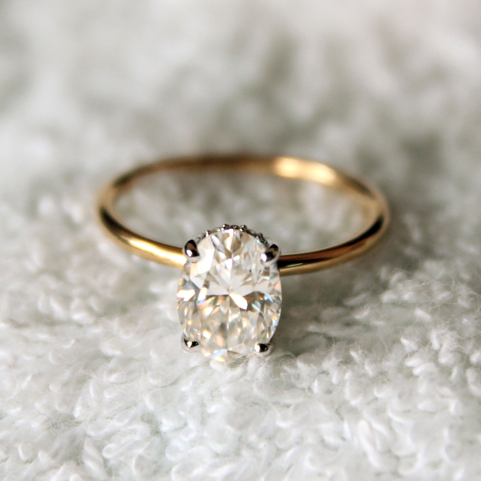 Oval Moissanite Engagement Ring with Hidden Diamond Underhalo